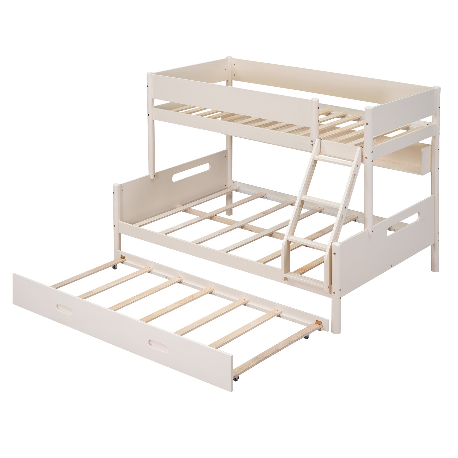 Wood Twin Over Full Bunk Bed With Storage Shelves And Twin Size Trundle, Cream Box Spring Not Required Cream Wood Bedroom Bunk Solid Wood Mdf