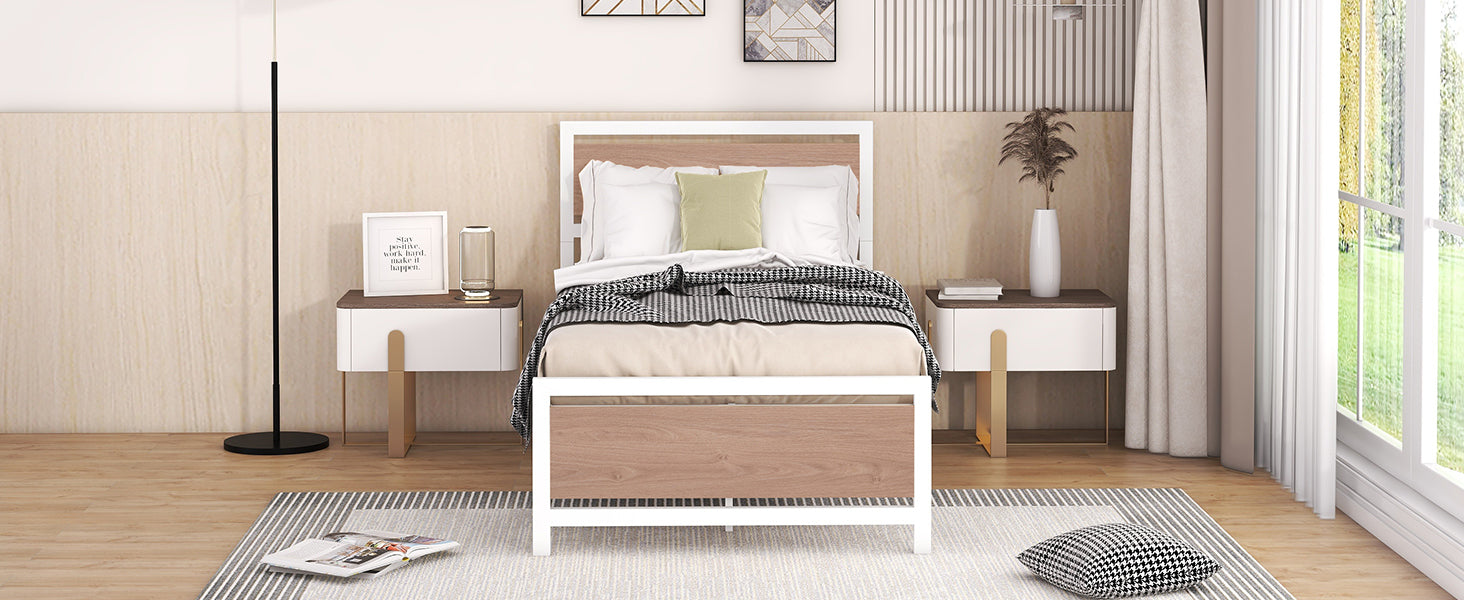 Twin Size Platform Bed, Metal And Wood Bed Frame With Headboard And Footboardwhite White Metal & Wood
