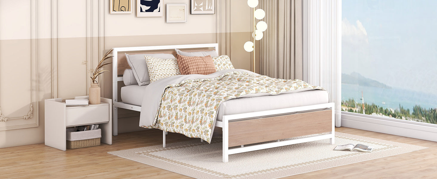Queen Size Platform Bed, Metal And Wood Bed Frame With Headboard And Footboardwhite White Metal & Wood