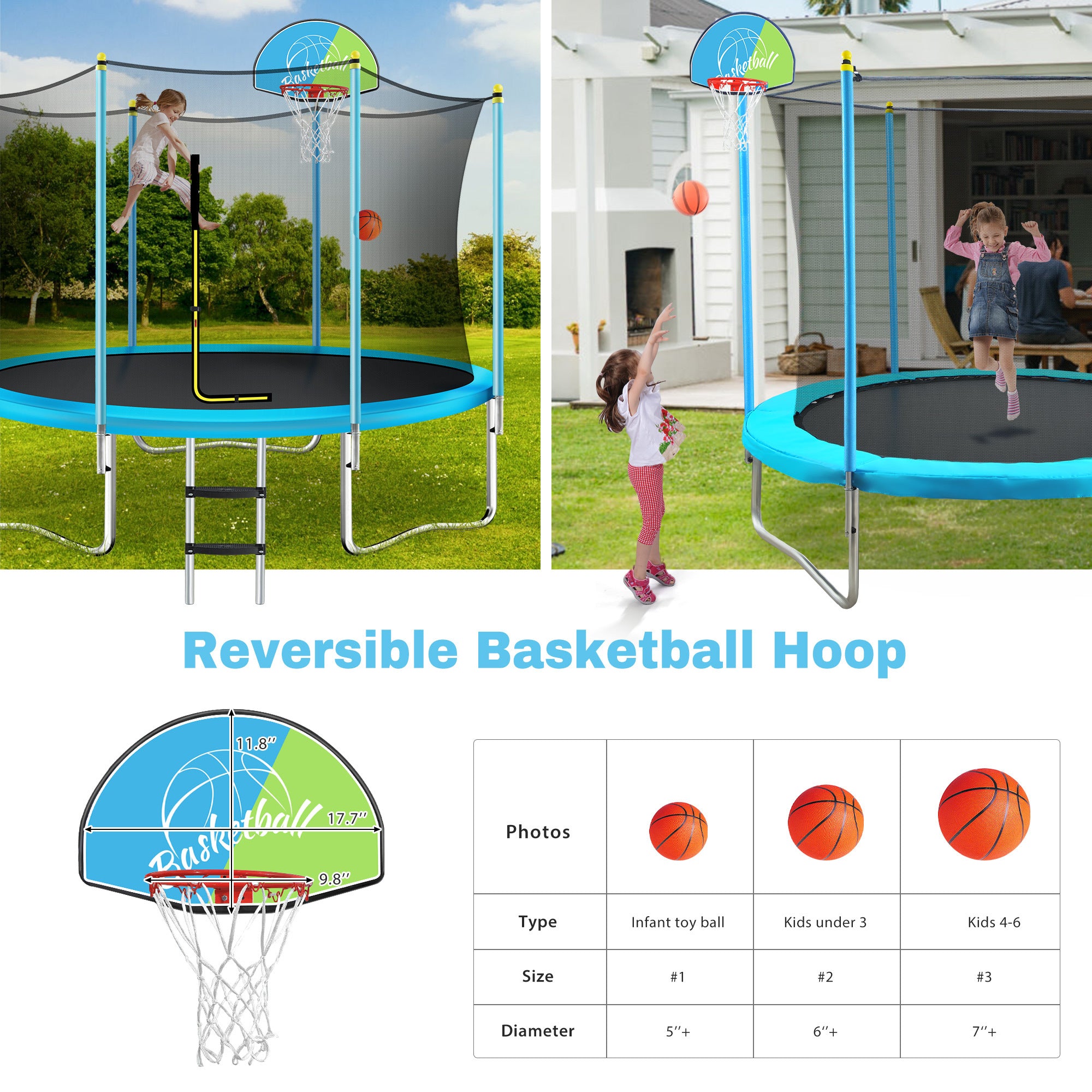 8FT Trampoline for Kids with Safety Enclosure Net blue-metal