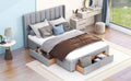 Queen Size Upholstered Platform Bed With One Large Drawer In The Footboard And Drawer On Each Side,Gray Box Spring Not Required Queen Gray Wood Bedroom Bed Frame Linen Upholstered