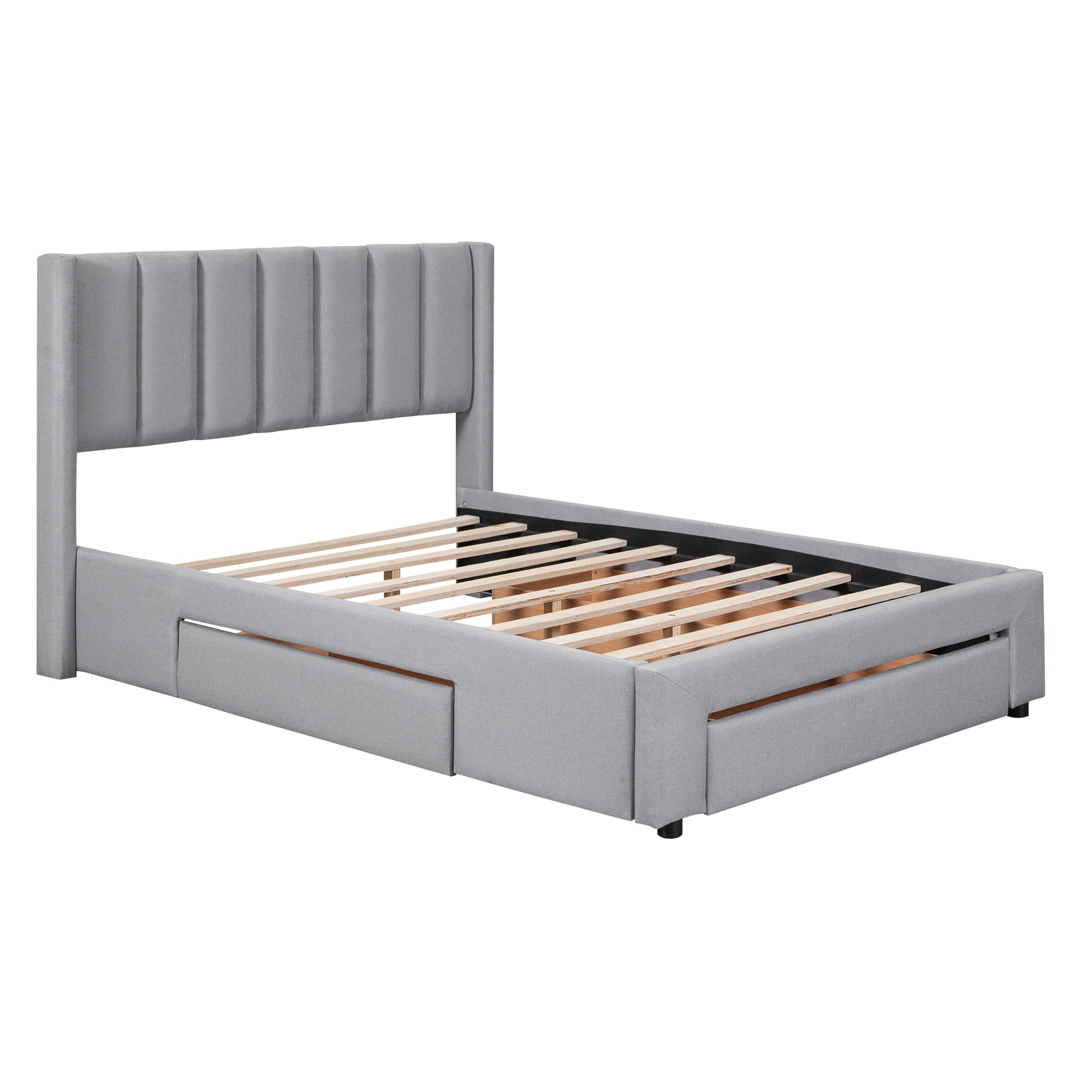 Full Size Upholstered Platform Bed With One Large Drawer In The Footboard And Drawer On Each Side,Gray Box Spring Not Required Full Gray Wood Bedroom Bed Frame Linen Upholstered