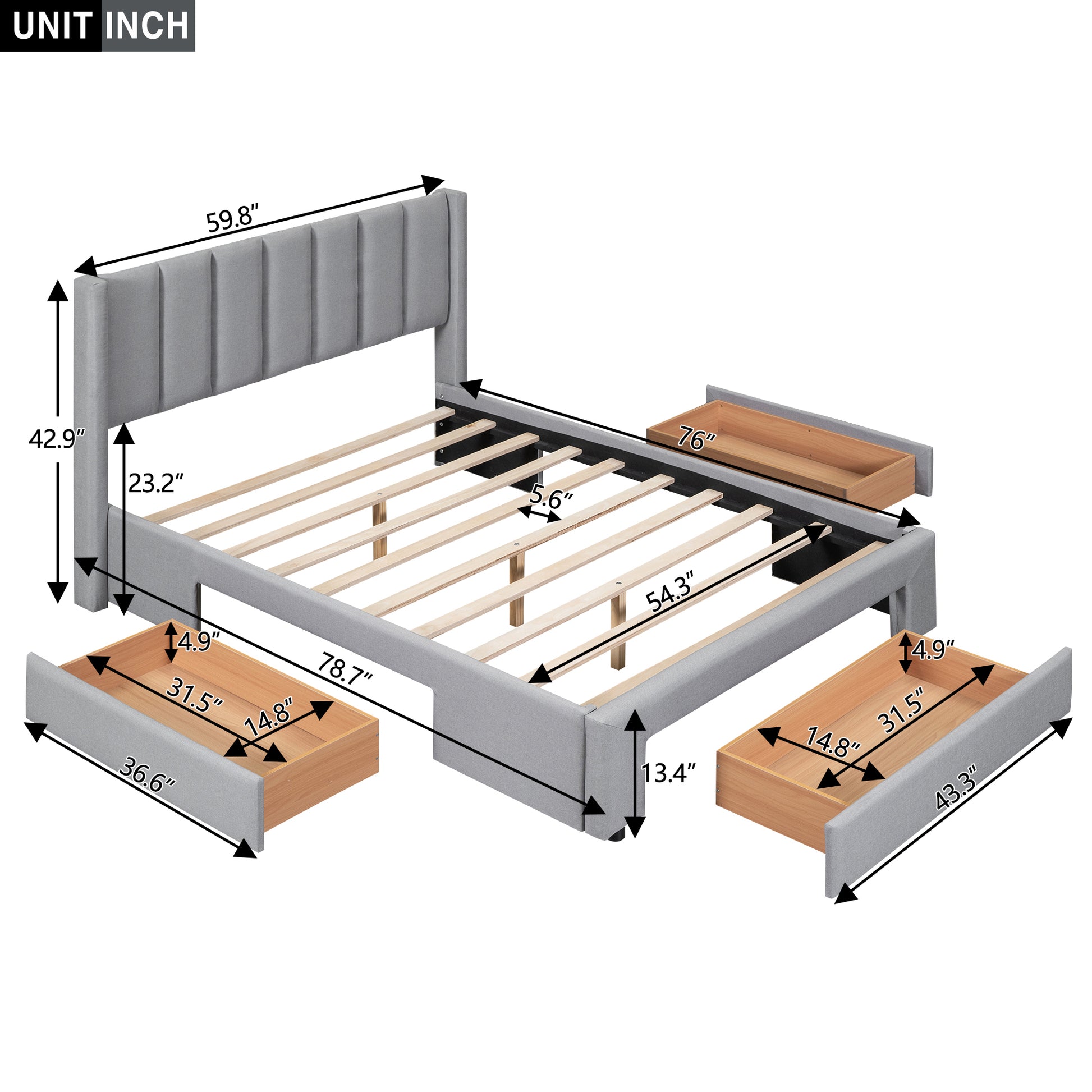 Full Size Upholstered Platform Bed With One Large Drawer In The Footboard And Drawer On Each Side,Gray Box Spring Not Required Full Gray Wood Bedroom Bed Frame Linen Upholstered