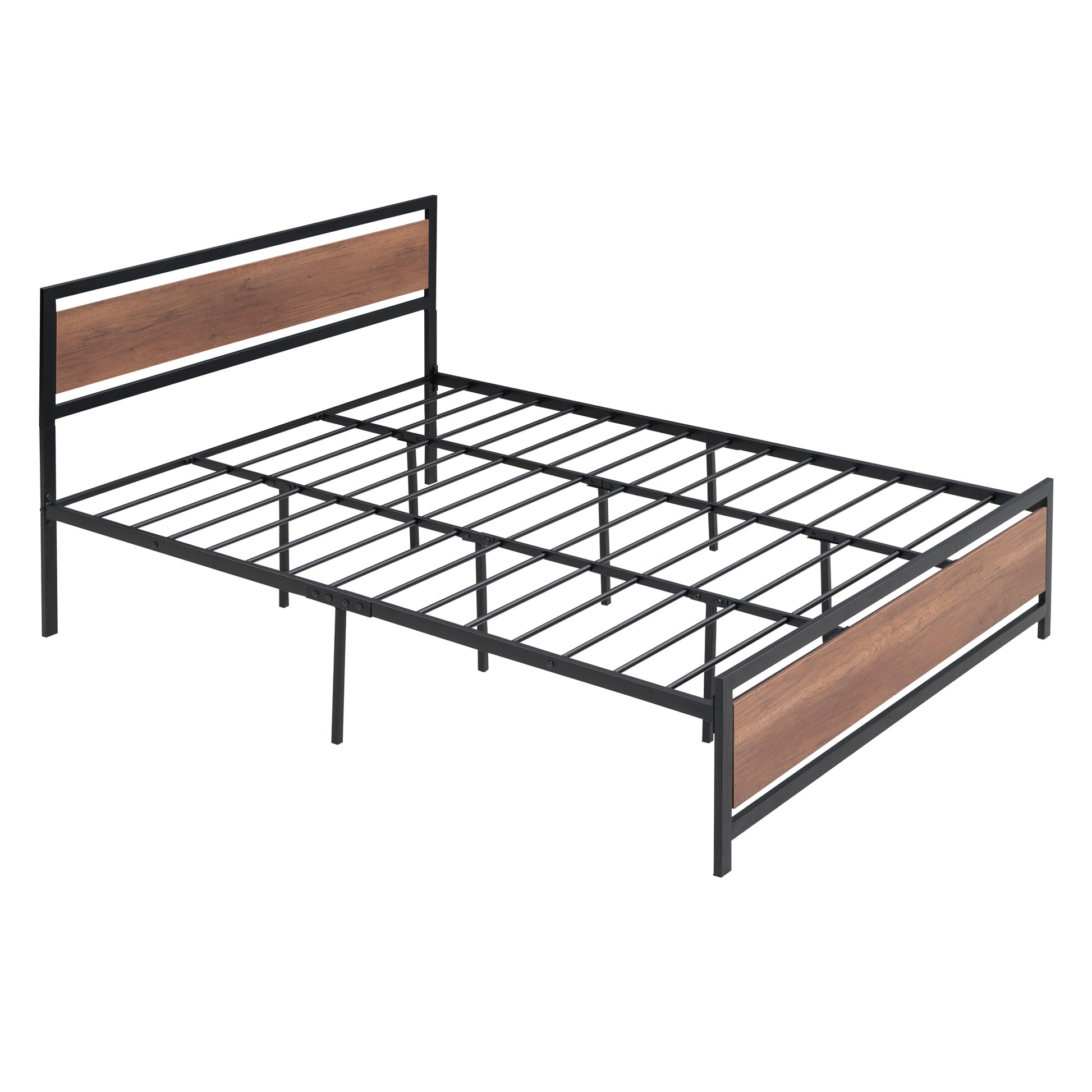 Queen Size Platform Bed, Metal And Wood Bed Frame With Headboard And Footboardblack Black Metal & Wood