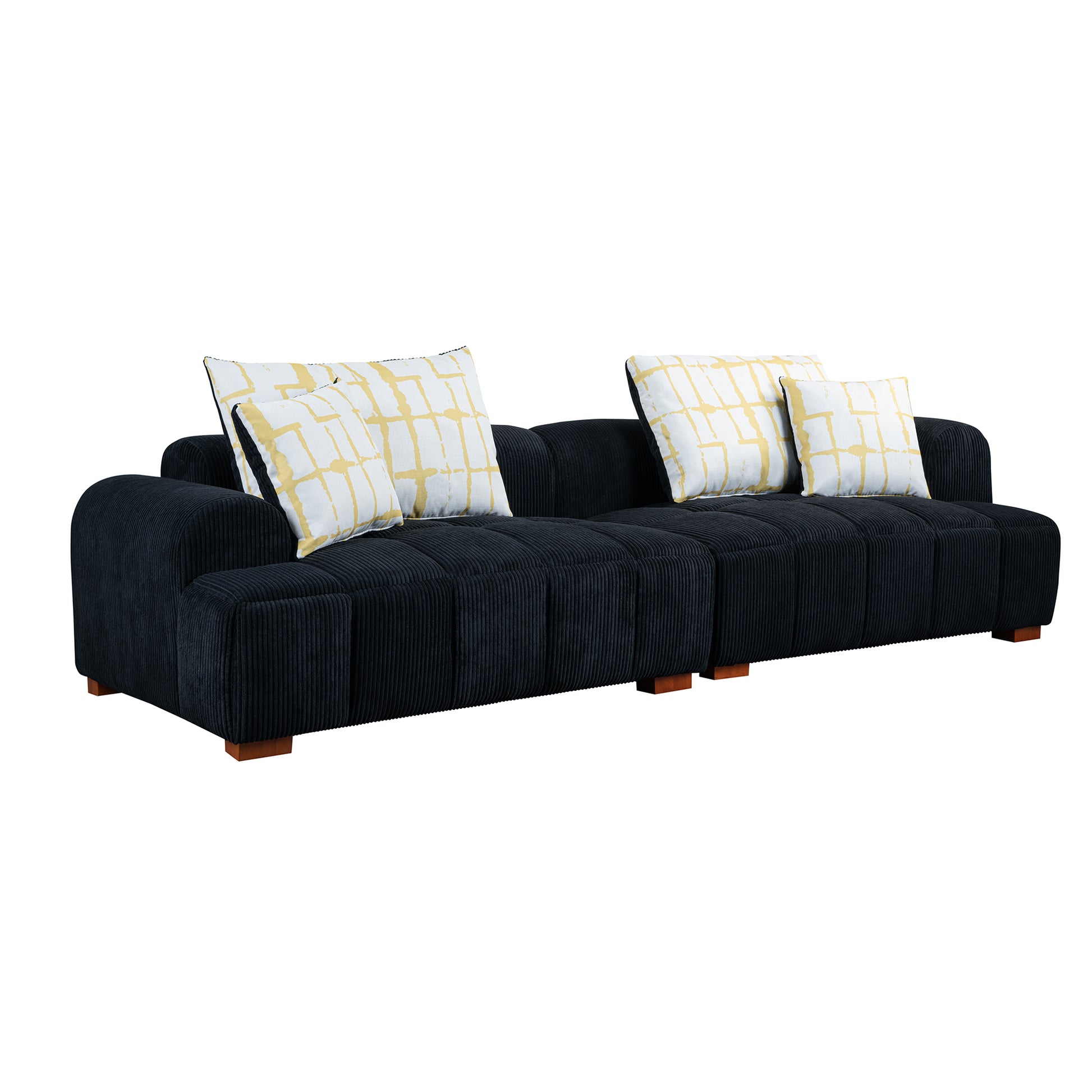 103.9" Modern Couch Corduroy Fabric Comfy Sofa With Rubber Wood Legs, 4 Pillows For Living Room, Bedroom, Office, Black Black Corduroy 2 Seat