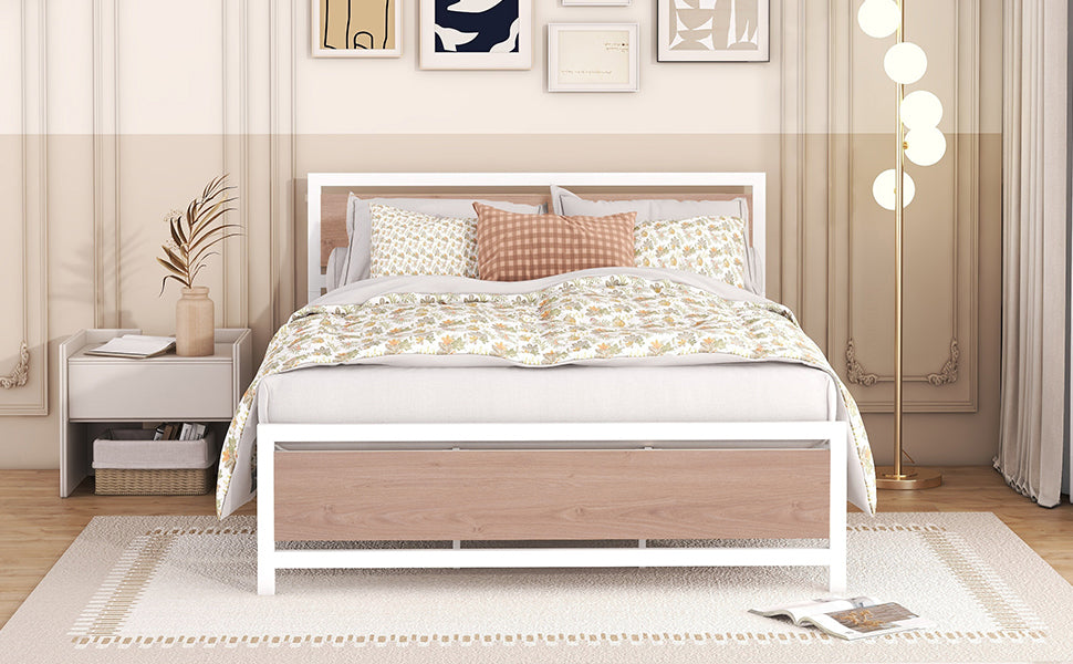 Queen Size Platform Bed, Metal And Wood Bed Frame With Headboard And Footboardwhite White Metal & Wood