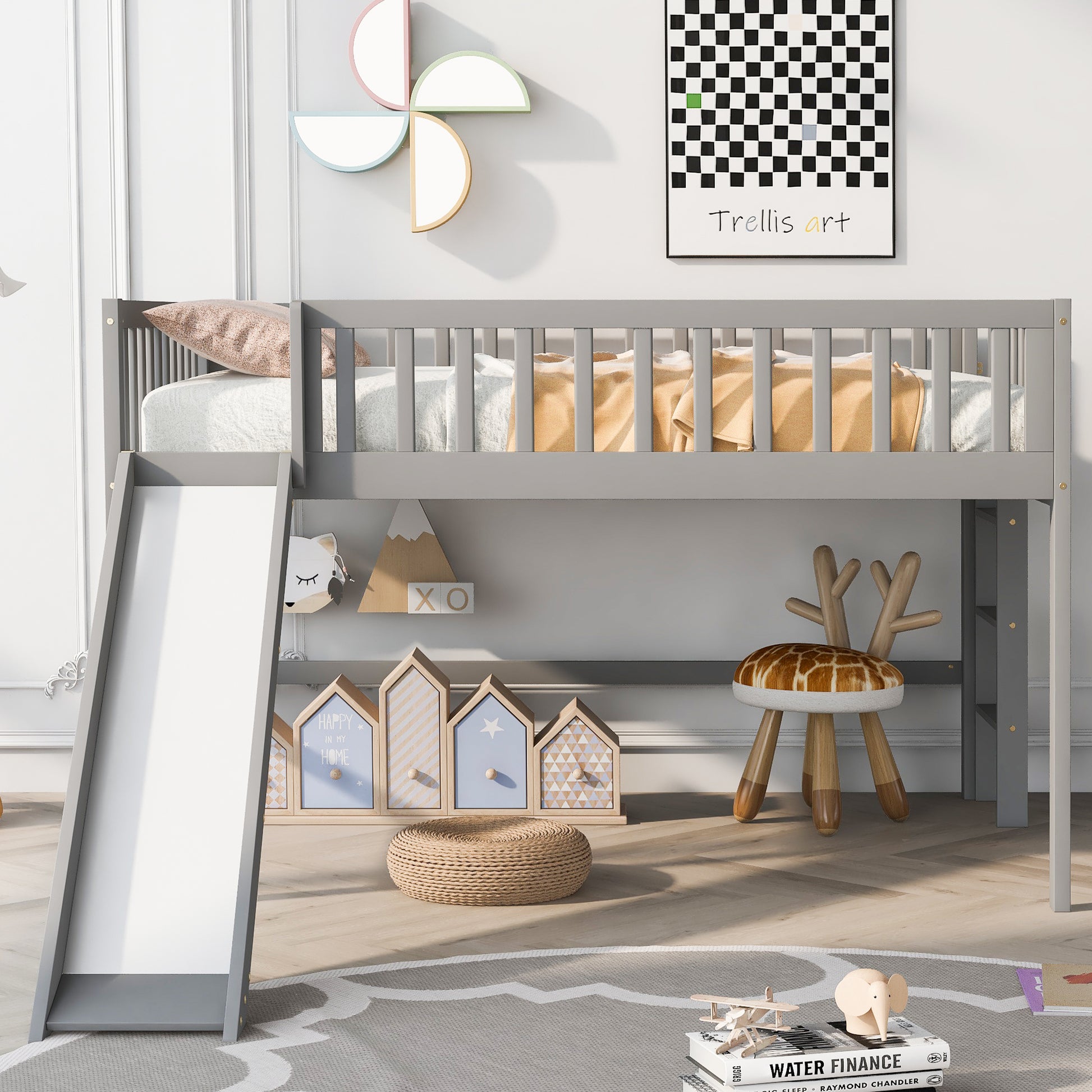 Full Size Low Loft Bed With Ladder And Slide,Gray Box Spring Not Required Full Gray Wood Bedroom Pine