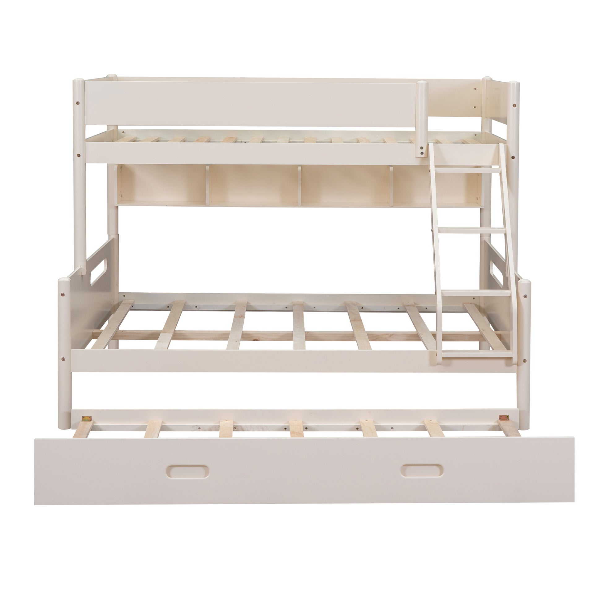 Wood Twin Over Full Bunk Bed With Storage Shelves And Twin Size Trundle, Cream Box Spring Not Required Cream Wood Bedroom Bunk Solid Wood Mdf