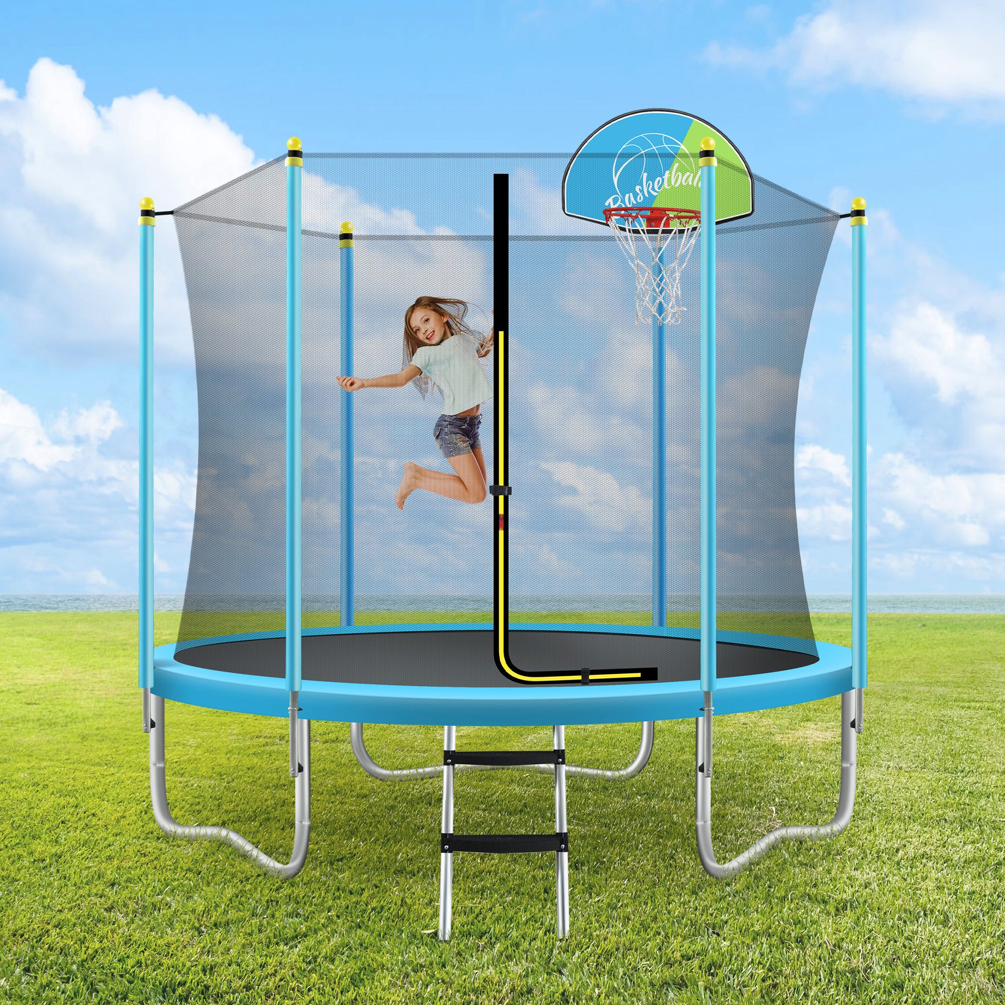 8Ft Trampoline For Kids With Safety Enclosure Net, Basketball Hoop And Ladder, Easy Assembly Round Outdoor Recreational Trampoline Blue Metal