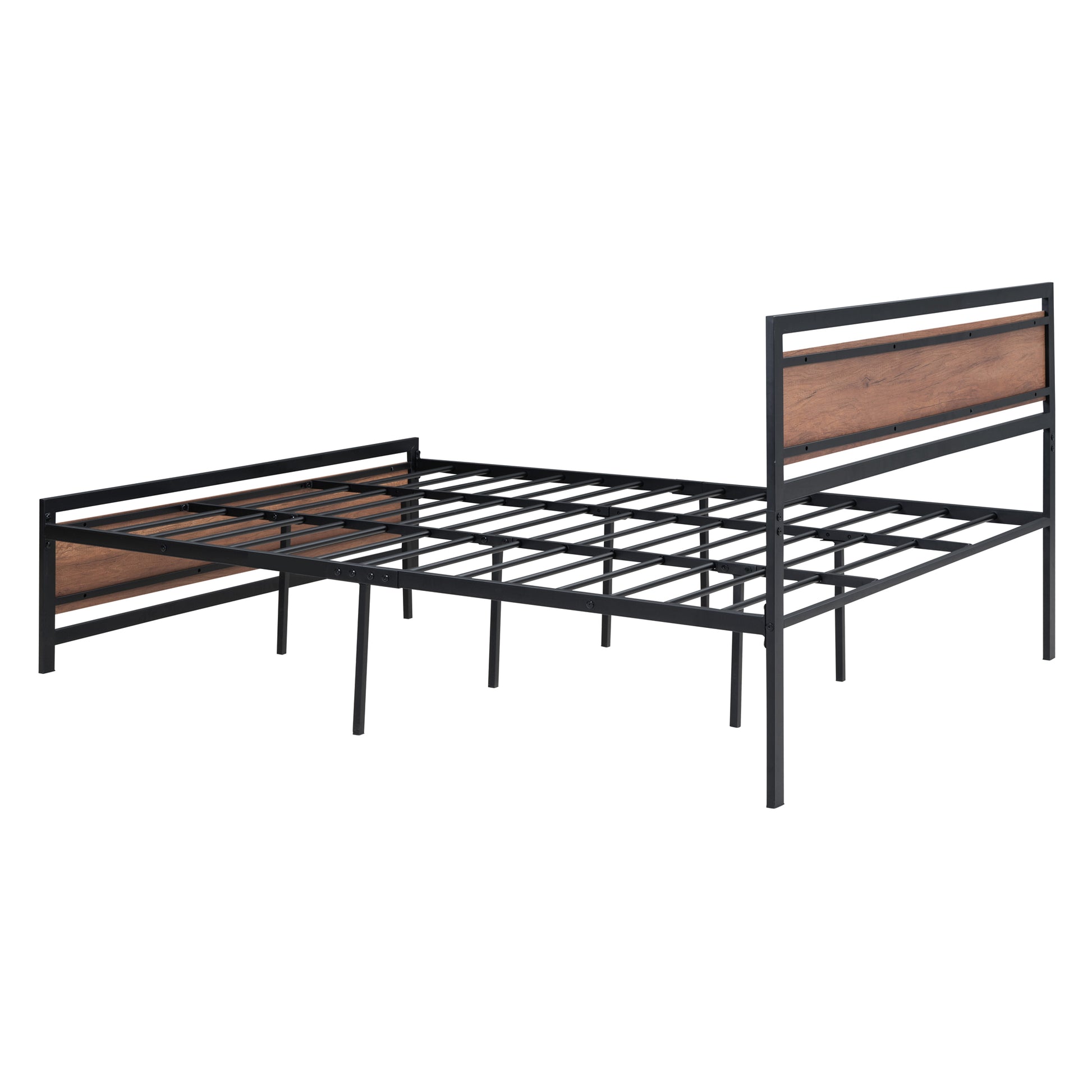 Queen Size Platform Bed, Metal And Wood Bed Frame With Headboard And Footboardblack Black Metal & Wood