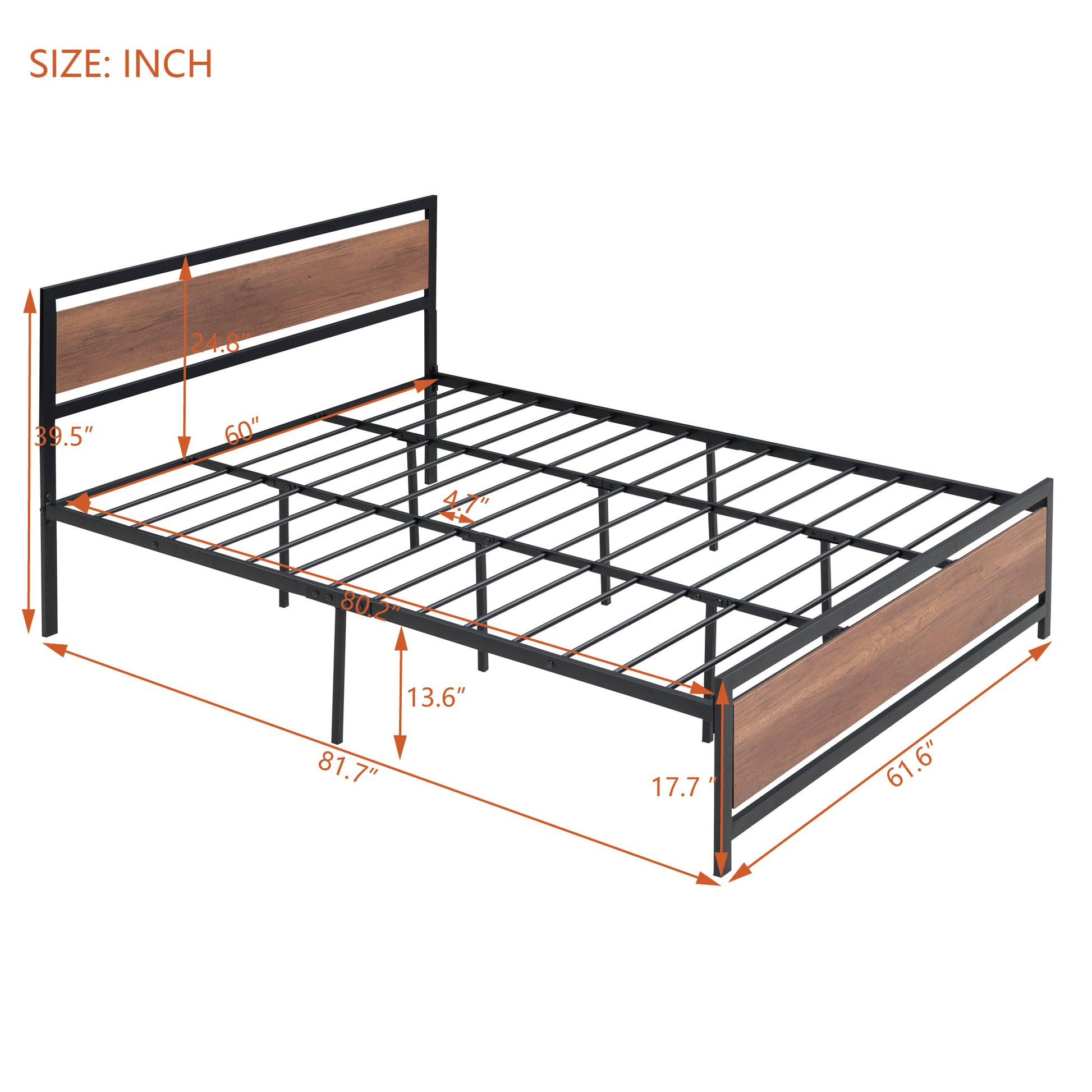 Queen Size Platform Bed, Metal And Wood Bed Frame With Headboard And Footboardblack Black Metal & Wood