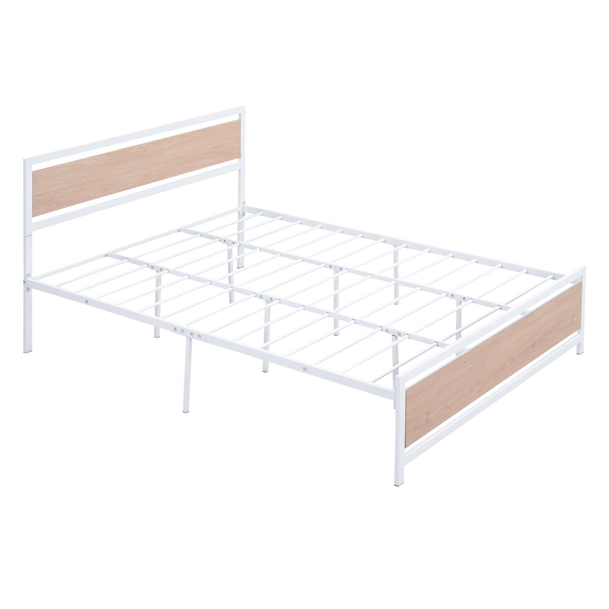 Queen Size Platform Bed, Metal And Wood Bed Frame With Headboard And Footboardwhite White Metal & Wood