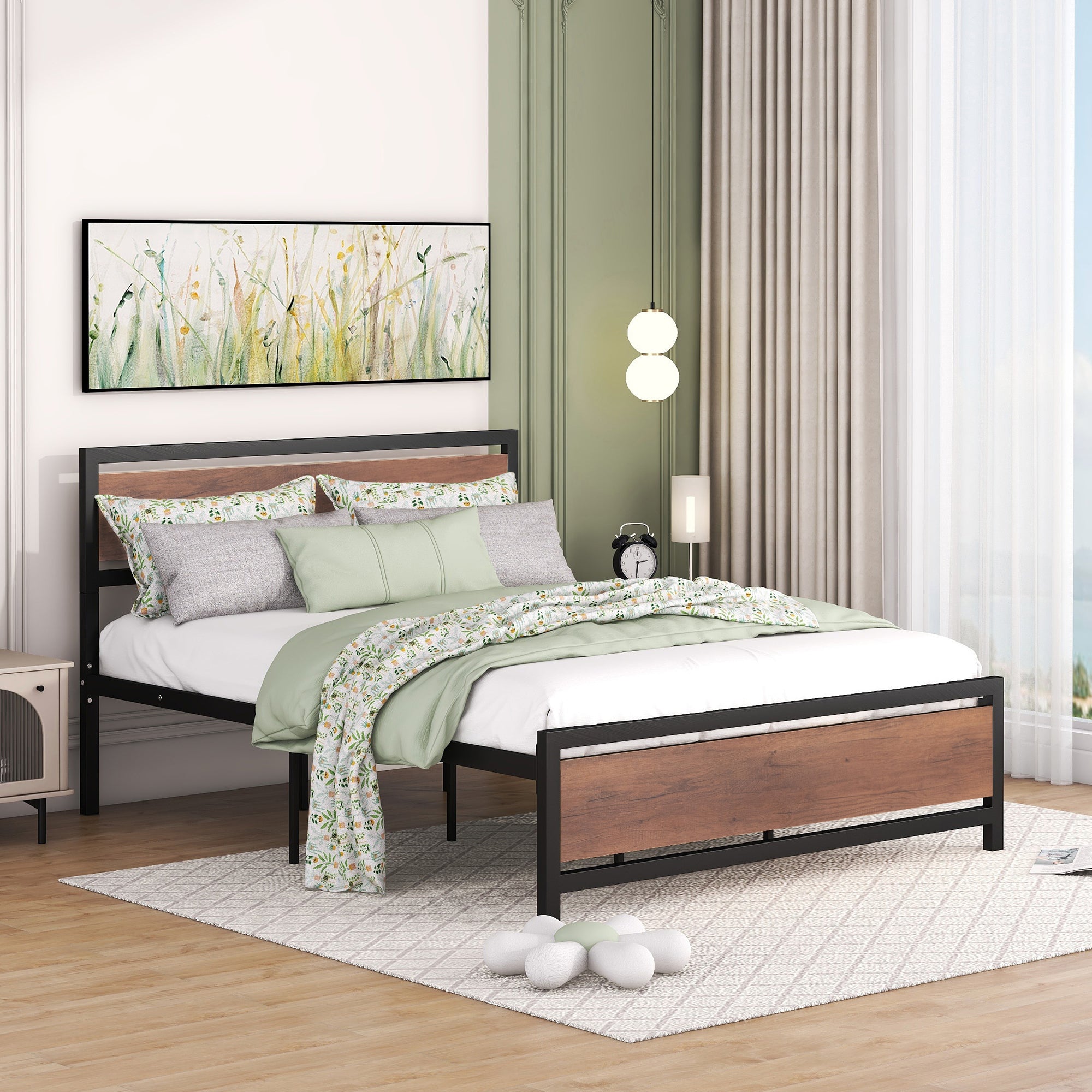 Queen Size Platform Bed, Metal And Wood Bed Frame With Headboard And Footboardblack Black Metal & Wood