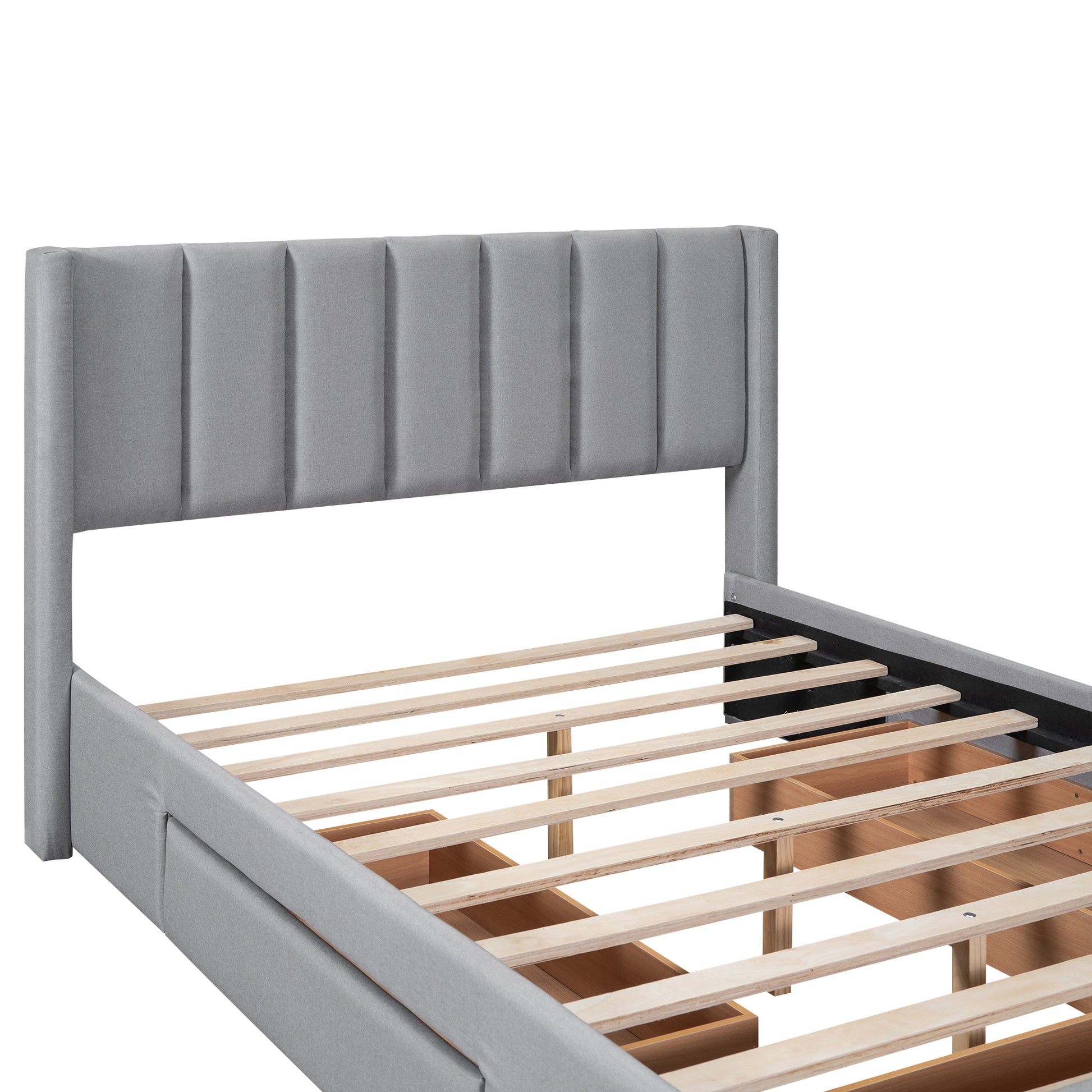 Full Size Upholstered Platform Bed With One Large Drawer In The Footboard And Drawer On Each Side,Gray Box Spring Not Required Full Gray Wood Bedroom Bed Frame Linen Upholstered