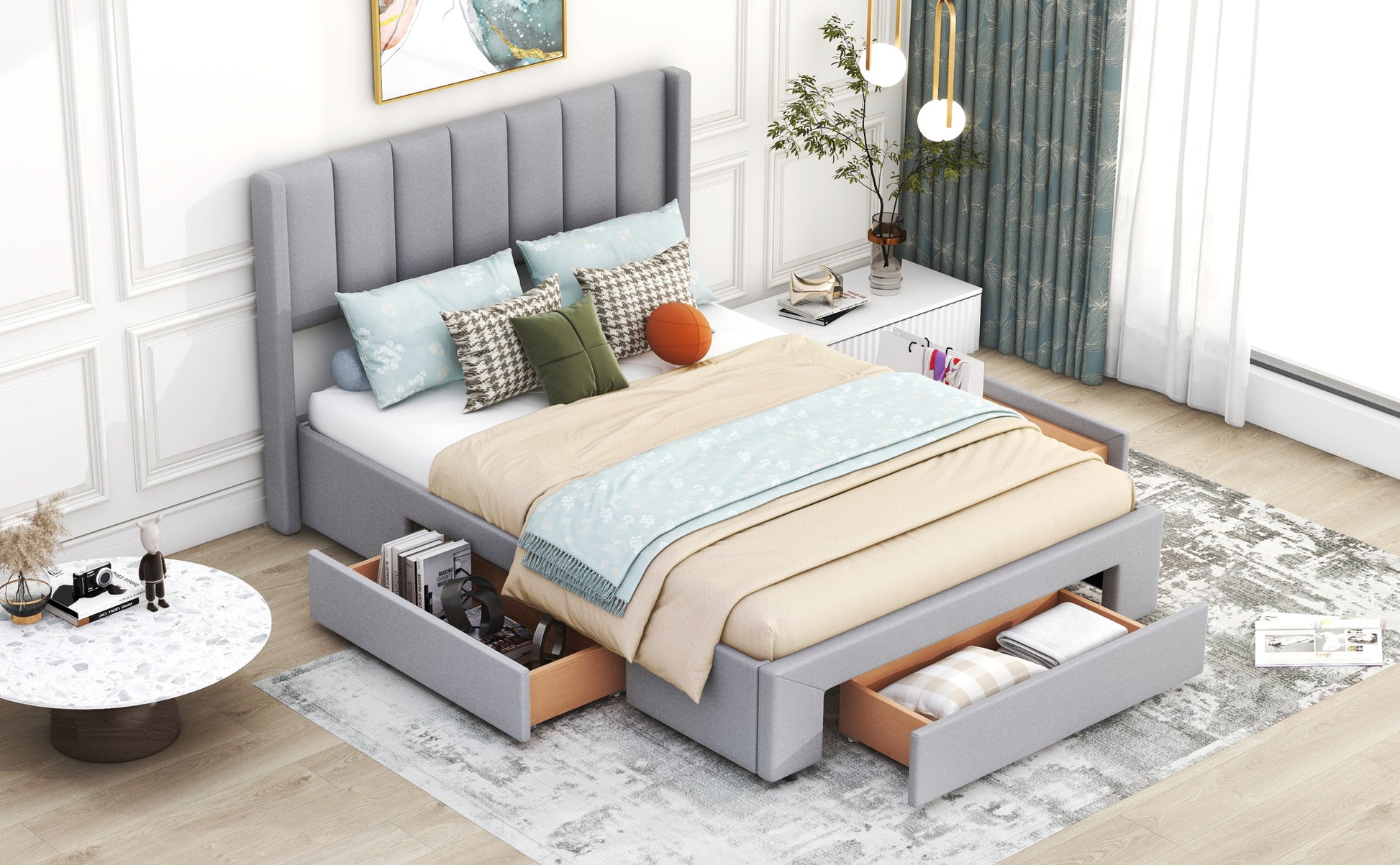 Full Size Upholstered Platform Bed With One Large Drawer In The Footboard And Drawer On Each Side,Gray Box Spring Not Required Full Gray Wood Bedroom Bed Frame Linen Upholstered