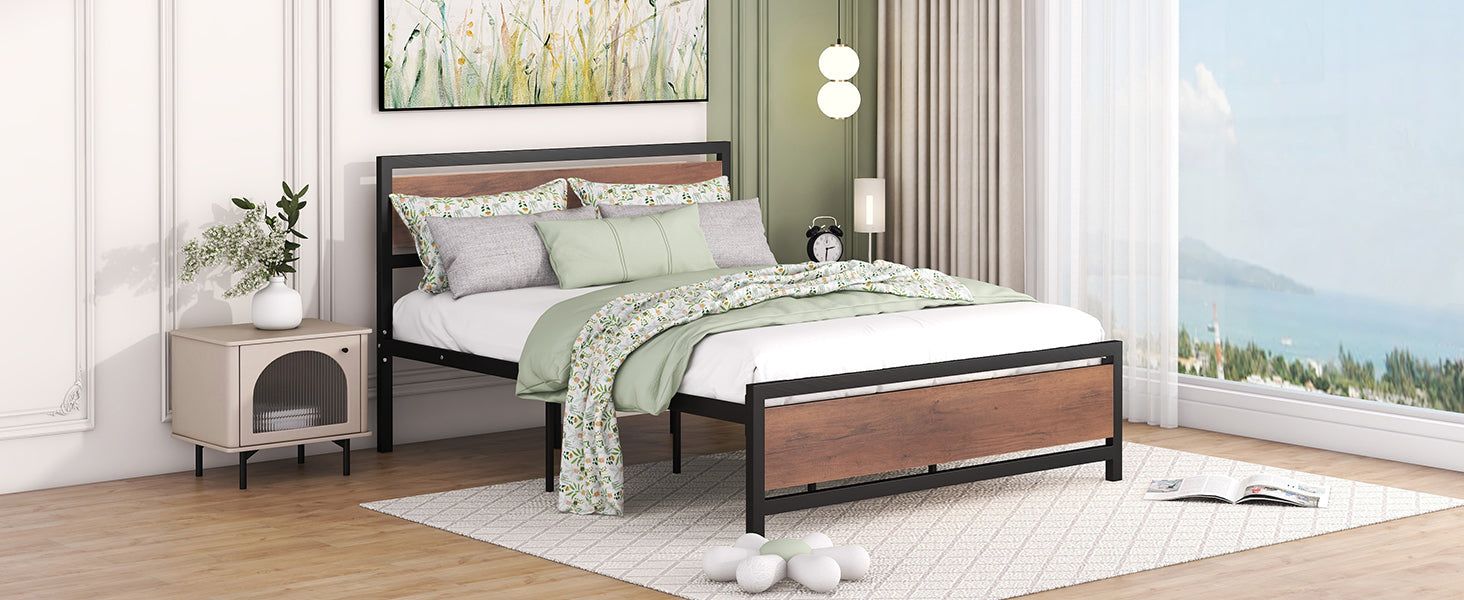 Queen Size Platform Bed, Metal And Wood Bed Frame With Headboard And Footboardblack Black Metal & Wood