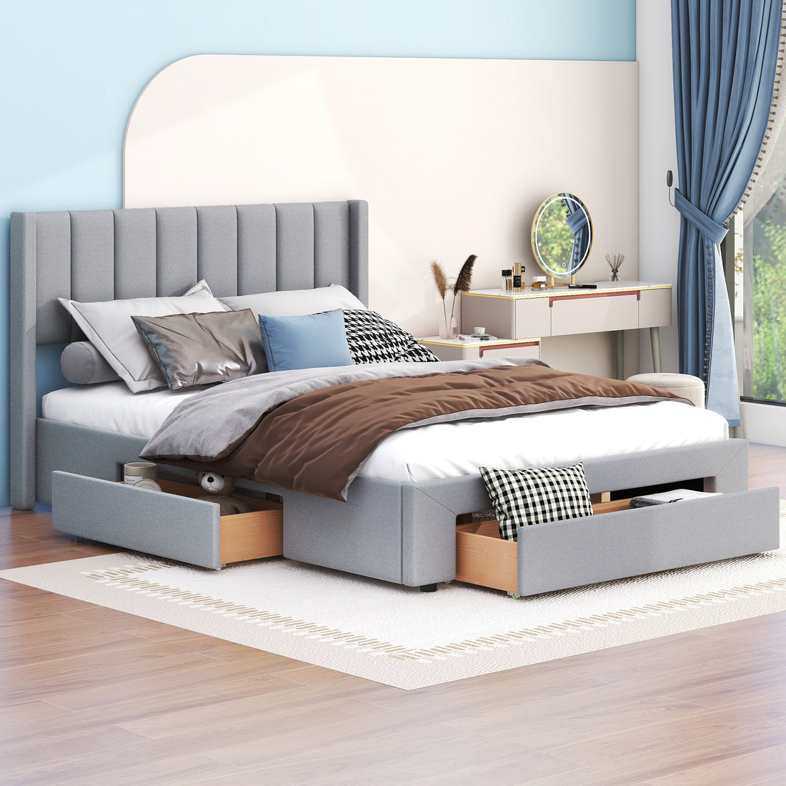 Queen Size Upholstered Platform Bed With One Large Drawer In The Footboard And Drawer On Each Side,Gray Box Spring Not Required Queen Gray Wood Bedroom Bed Frame Linen Upholstered