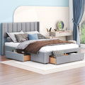 Queen Size Upholstered Platform Bed With One Large Drawer In The Footboard And Drawer On Each Side,Gray Box Spring Not Required Queen Gray Wood Bedroom Bed Frame Linen Upholstered
