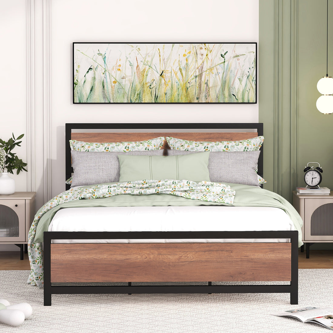 Queen Size Platform Bed, Metal And Wood Bed Frame With Headboard And Footboardblack Black Metal & Wood