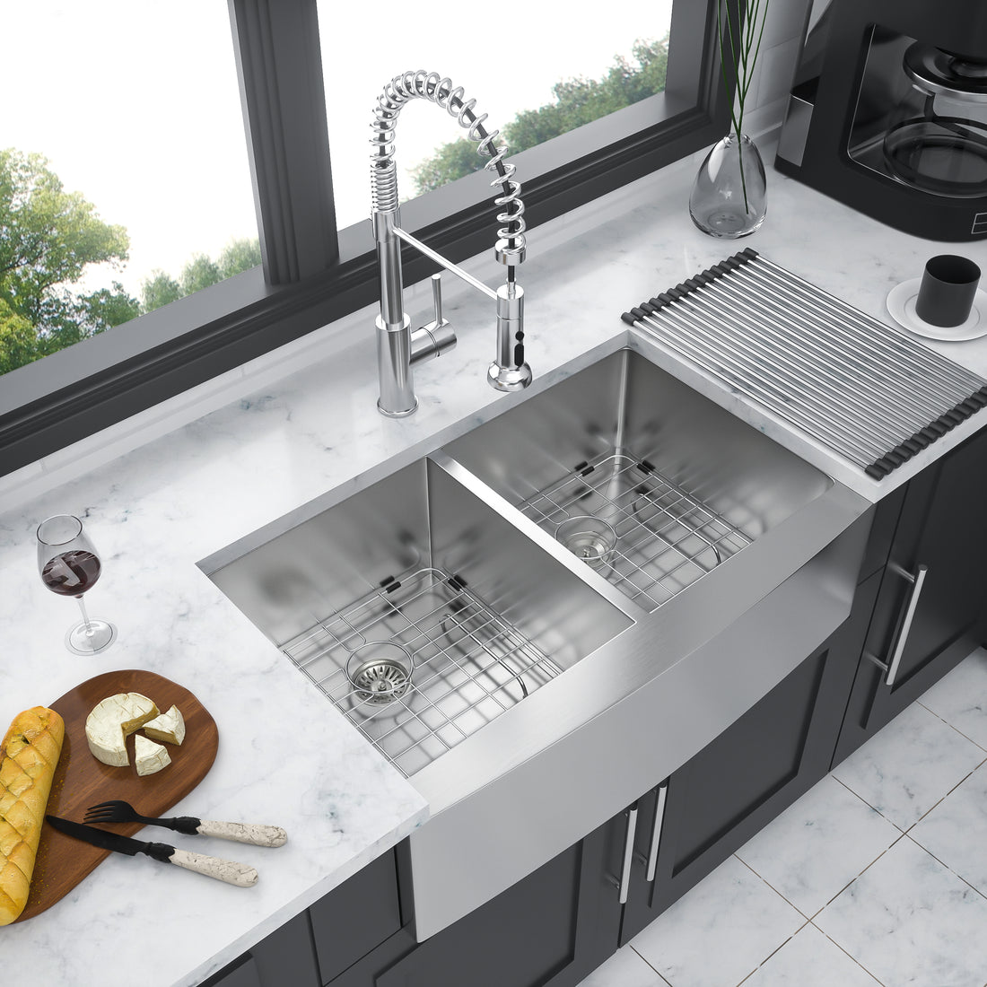 Double Bowl 50 50 Farmhouse Sink 36"X21"X10" Stainless Steel Apron Front Kitchen Sink 16 Gauge With Two 10" Deep Basin Brushed Nickel Stainless Steel