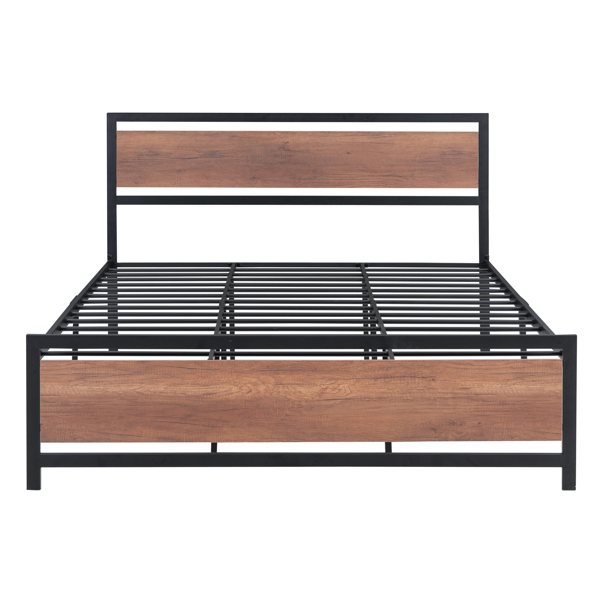 Queen Size Platform Bed, Metal And Wood Bed Frame With Headboard And Footboardblack Black Metal & Wood