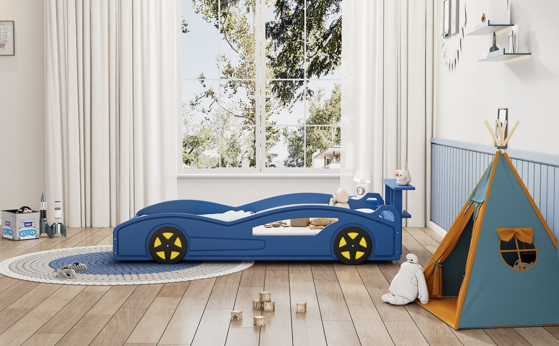 Wooden Race Car Bed,Car Shaped Platform Twin Bed With Wheels For Teens,Blue & Yellow Blue Mdf