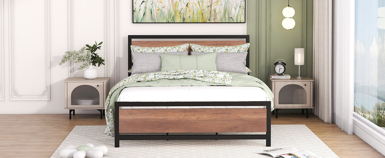 Queen Size Platform Bed, Metal And Wood Bed Frame With Headboard And Footboardblack Black Metal & Wood