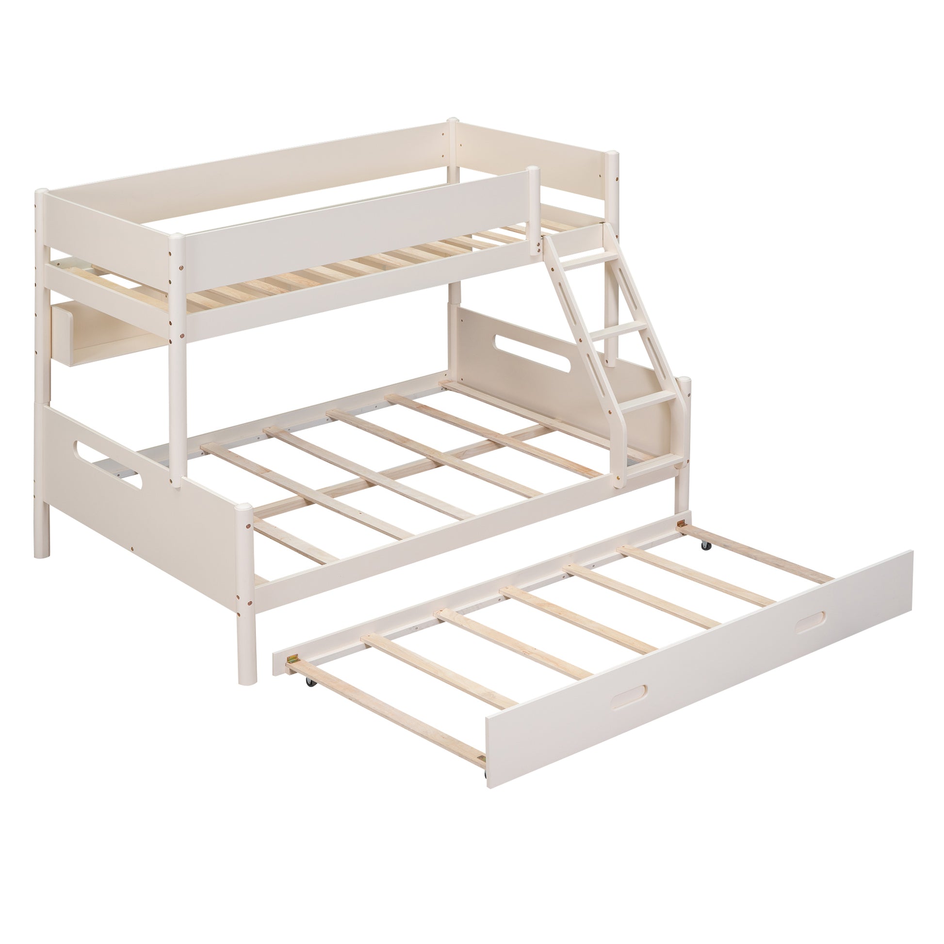 Wood Twin Over Full Bunk Bed With Storage Shelves And Twin Size Trundle, Cream Box Spring Not Required Cream Wood Bedroom Bunk Solid Wood Mdf