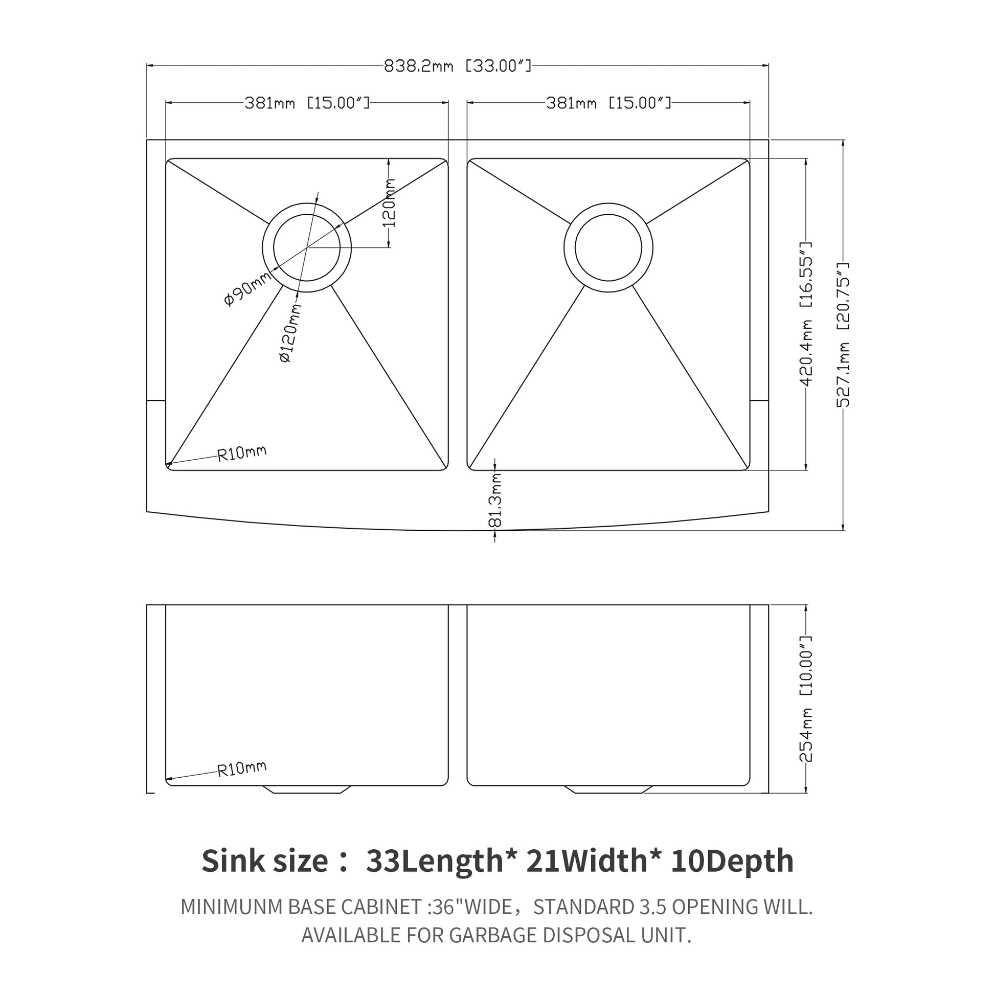 Double Bowl 50 50 Farmhouse Sink 33"X21"X10" Stainless Steel Apron Front Kitchen Sink 16 Gauge With Two 10" Deep Basin Brushed Nickel Stainless Steel