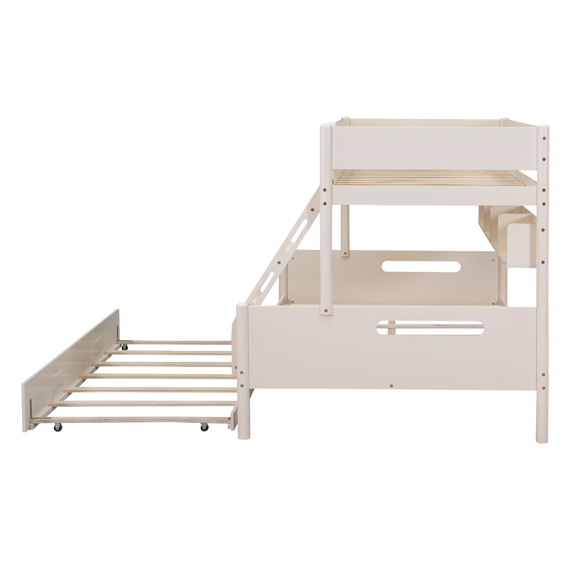 Wood Twin Over Full Bunk Bed With Storage Shelves And Twin Size Trundle, Cream Box Spring Not Required Cream Wood Bedroom Bunk Solid Wood Mdf