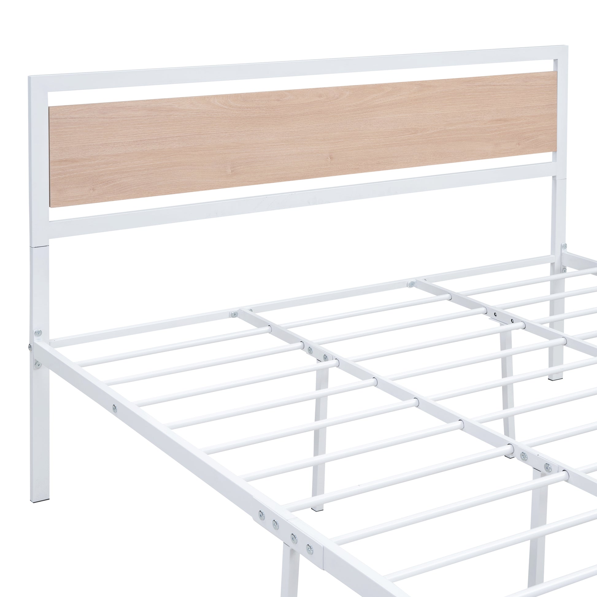 Queen Size Platform Bed, Metal And Wood Bed Frame With Headboard And Footboardwhite White Metal & Wood