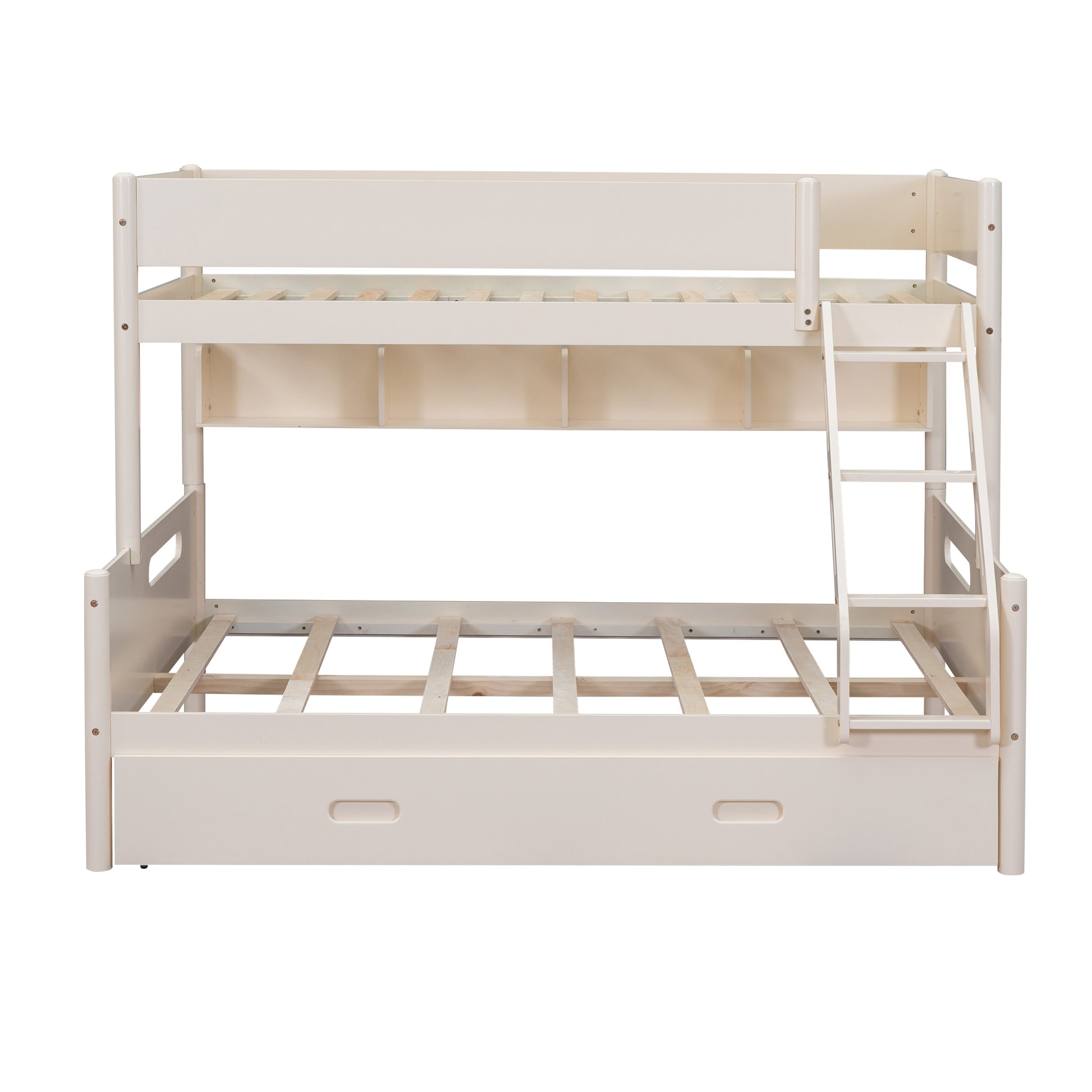 Wood Twin Over Full Bunk Bed With Storage Shelves And Twin Size Trundle, Cream Box Spring Not Required Cream Wood Bedroom Bunk Solid Wood Mdf