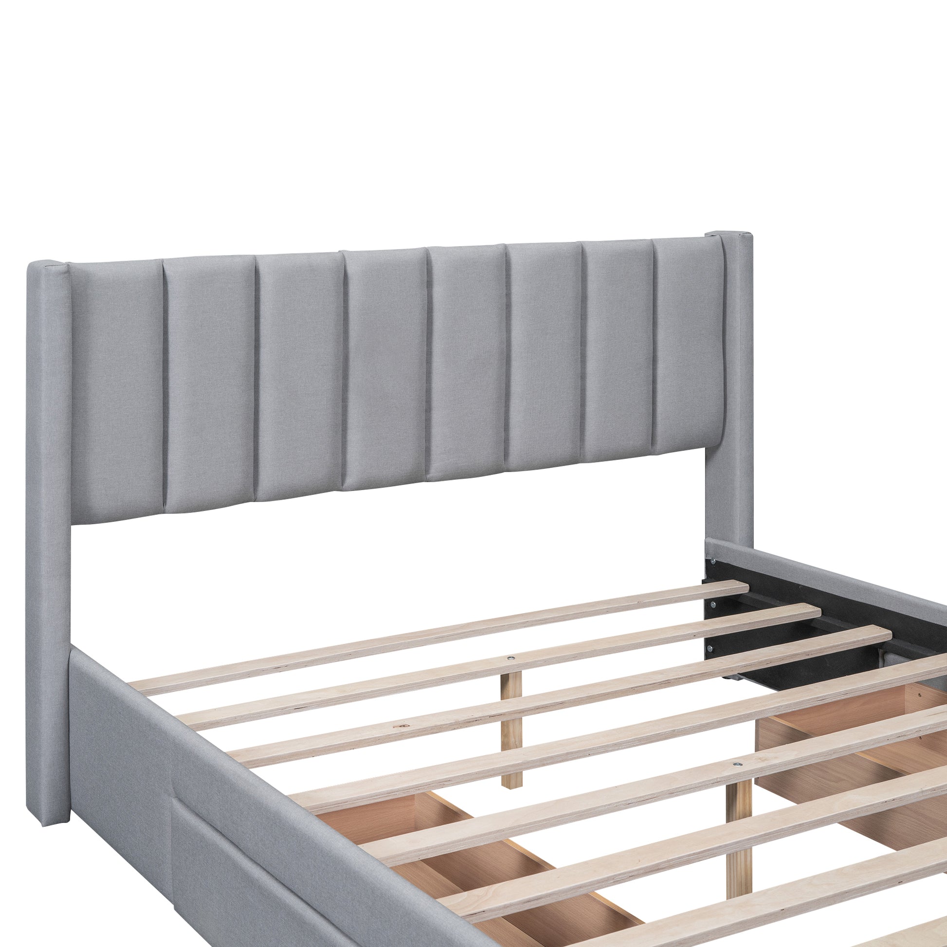 Queen Size Upholstered Platform Bed With One Large Drawer In The Footboard And Drawer On Each Side,Gray Box Spring Not Required Queen Gray Wood Bedroom Bed Frame Linen Upholstered