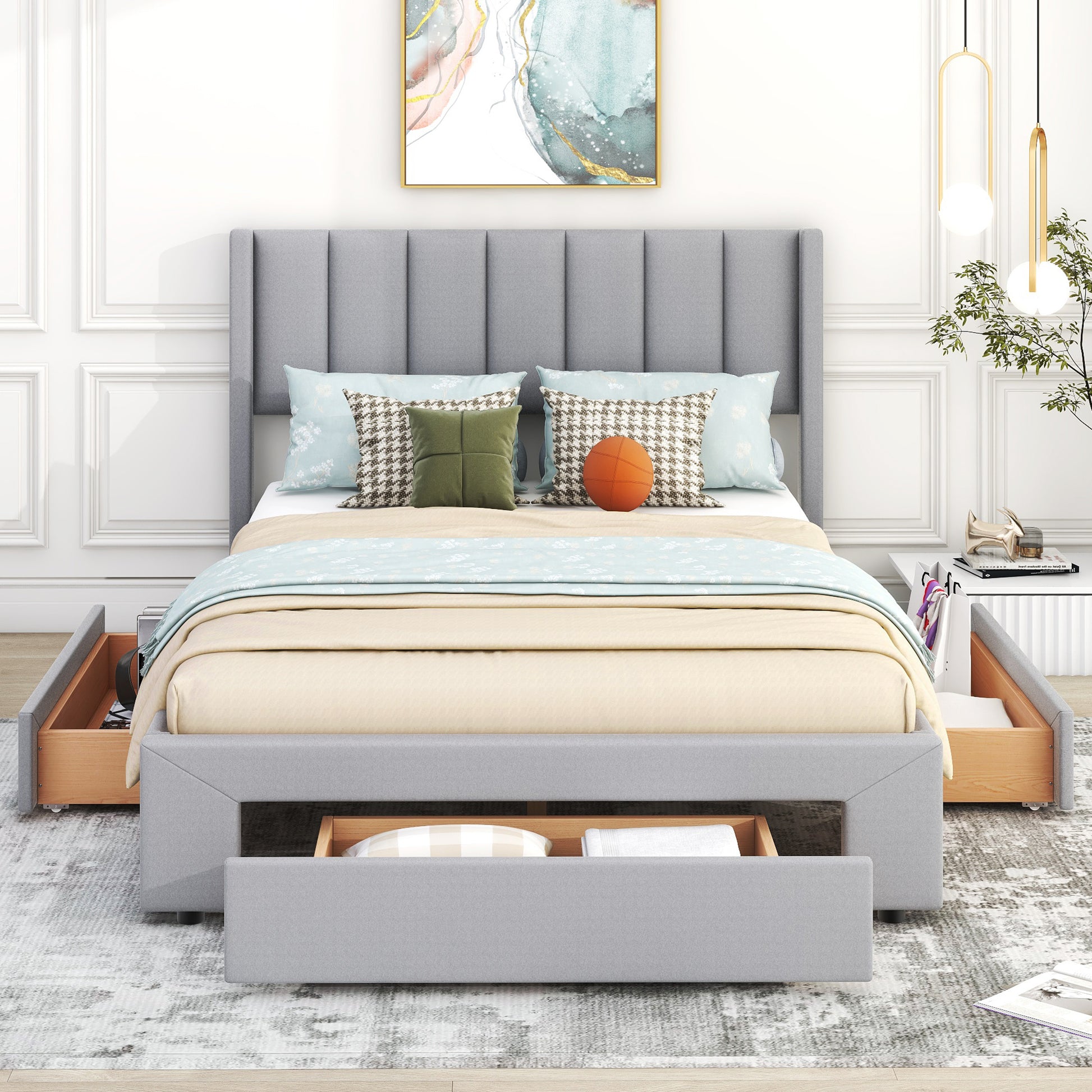 Full Size Upholstered Platform Bed With One Large Drawer In The Footboard And Drawer On Each Side,Gray Box Spring Not Required Full Gray Wood Bedroom Bed Frame Linen Upholstered