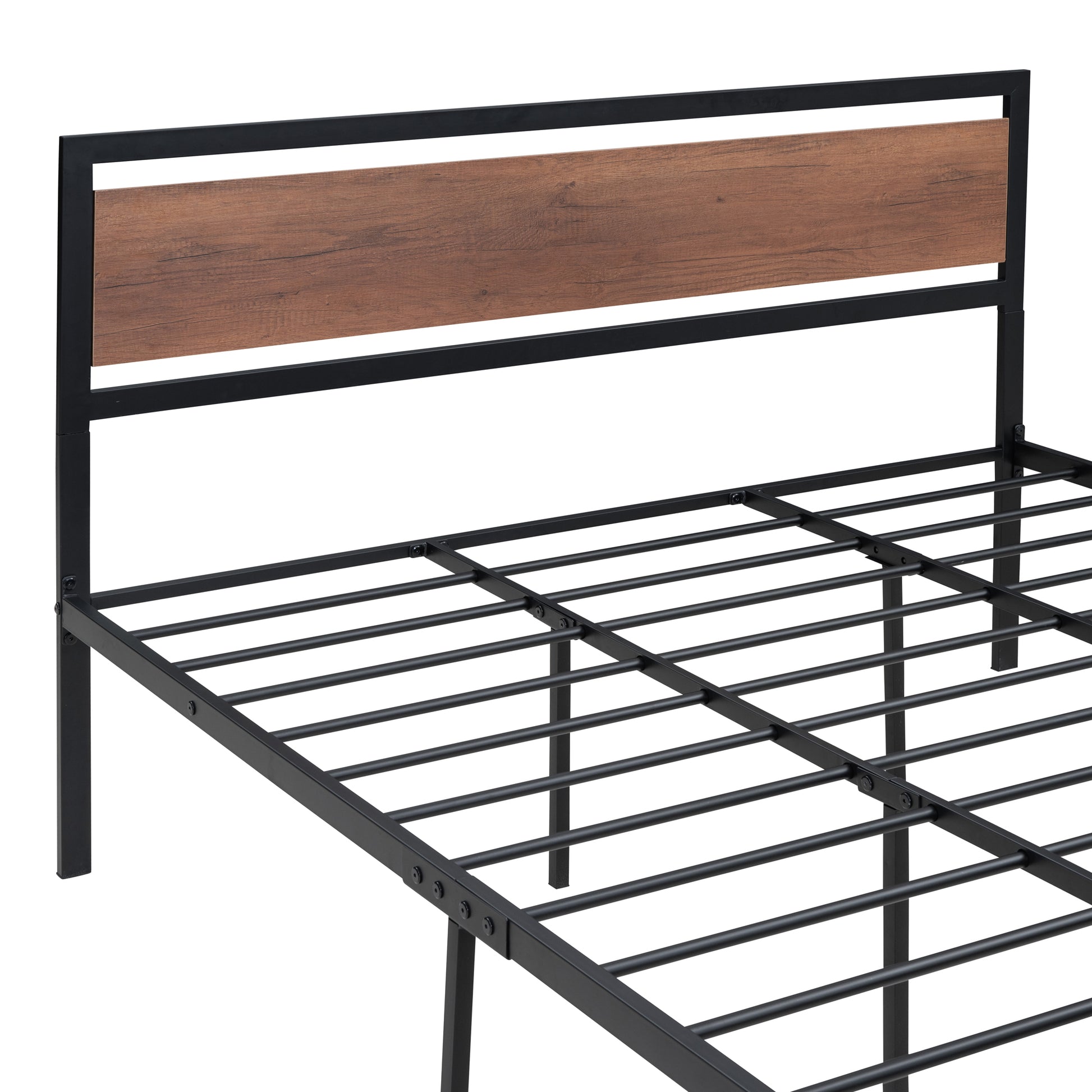 Queen Size Platform Bed, Metal And Wood Bed Frame With Headboard And Footboardblack Black Metal & Wood