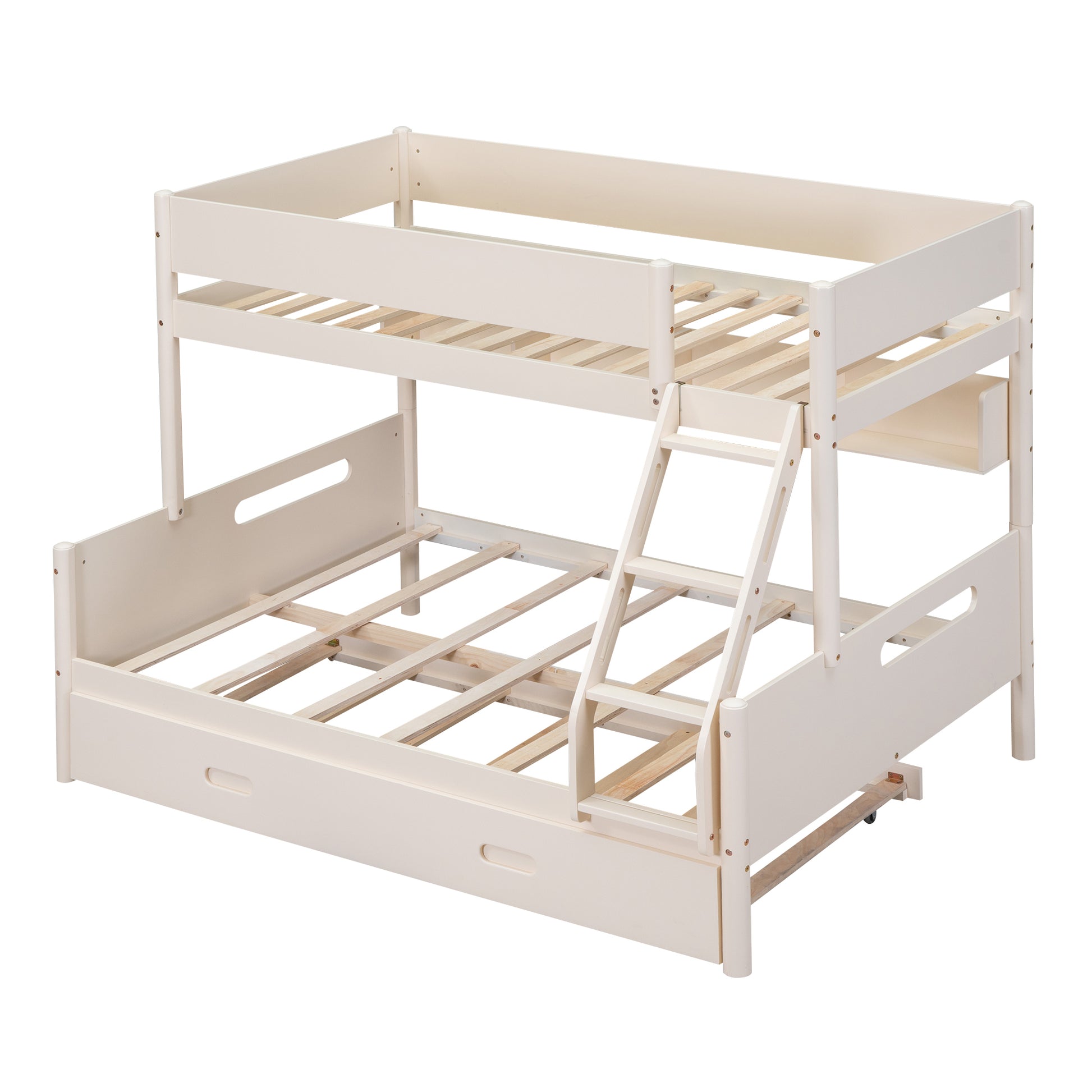 Wood Twin Over Full Bunk Bed With Storage Shelves And Twin Size Trundle, Cream Box Spring Not Required Cream Wood Bedroom Bunk Solid Wood Mdf