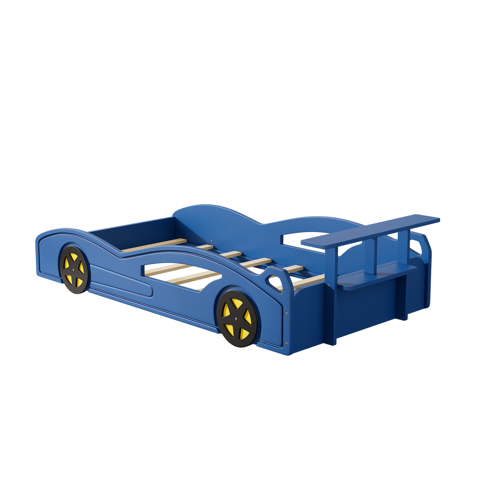 Wooden Race Car Bed,Car Shaped Platform Twin Bed With Wheels For Teens,Blue & Yellow Blue Mdf