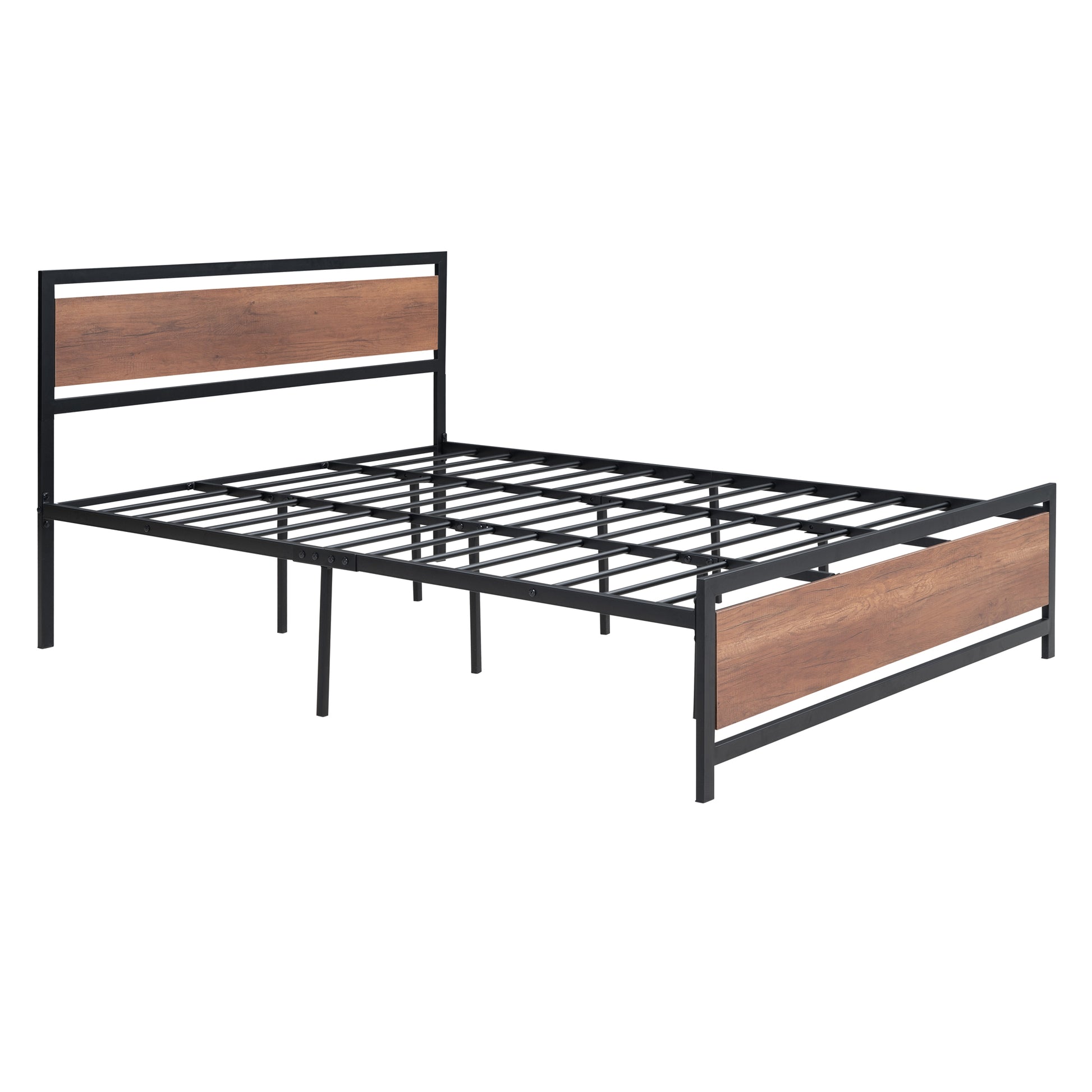 Queen Size Platform Bed, Metal And Wood Bed Frame With Headboard And Footboardblack Black Metal & Wood