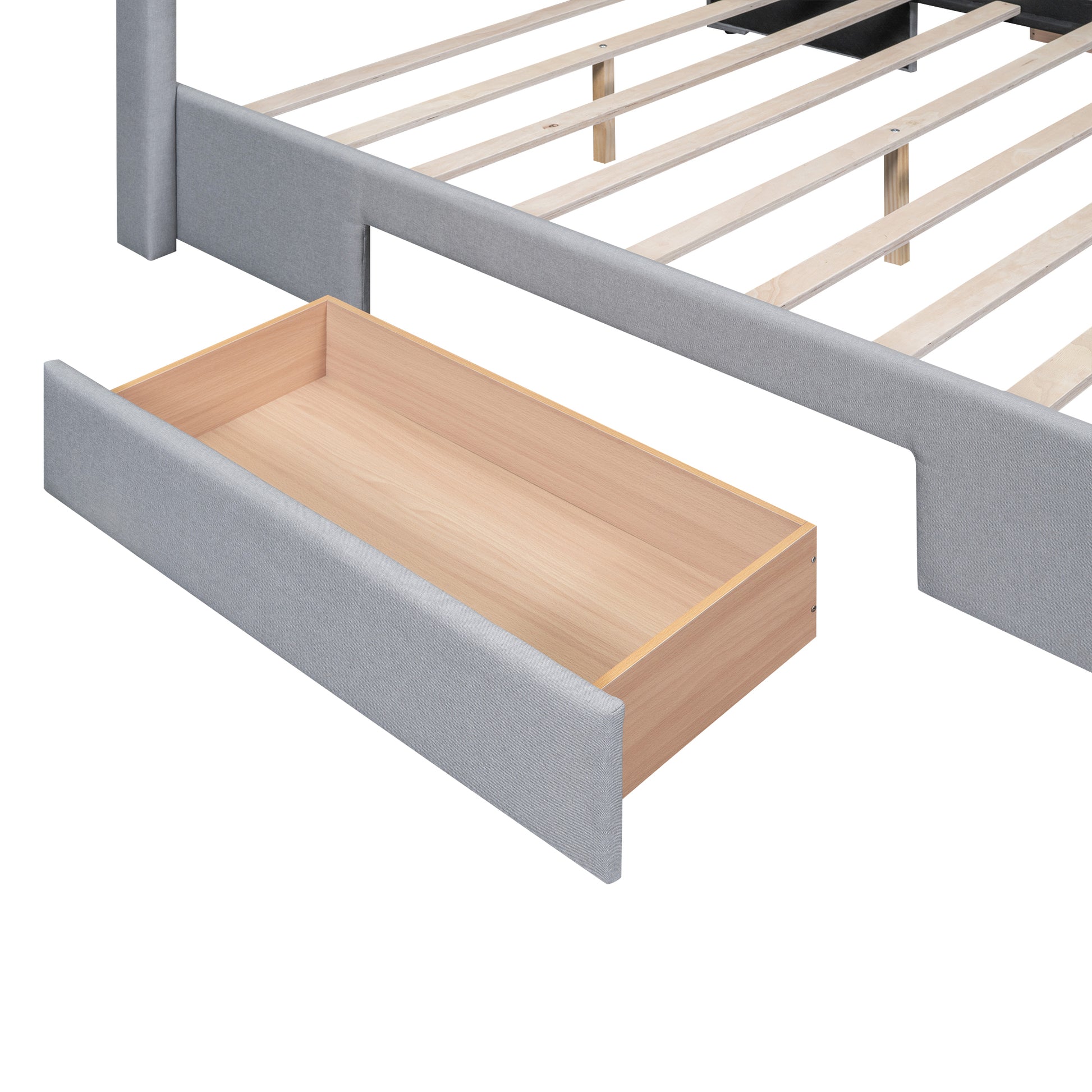 Queen Size Upholstered Platform Bed With One Large Drawer In The Footboard And Drawer On Each Side,Gray Box Spring Not Required Queen Gray Wood Bedroom Bed Frame Linen Upholstered