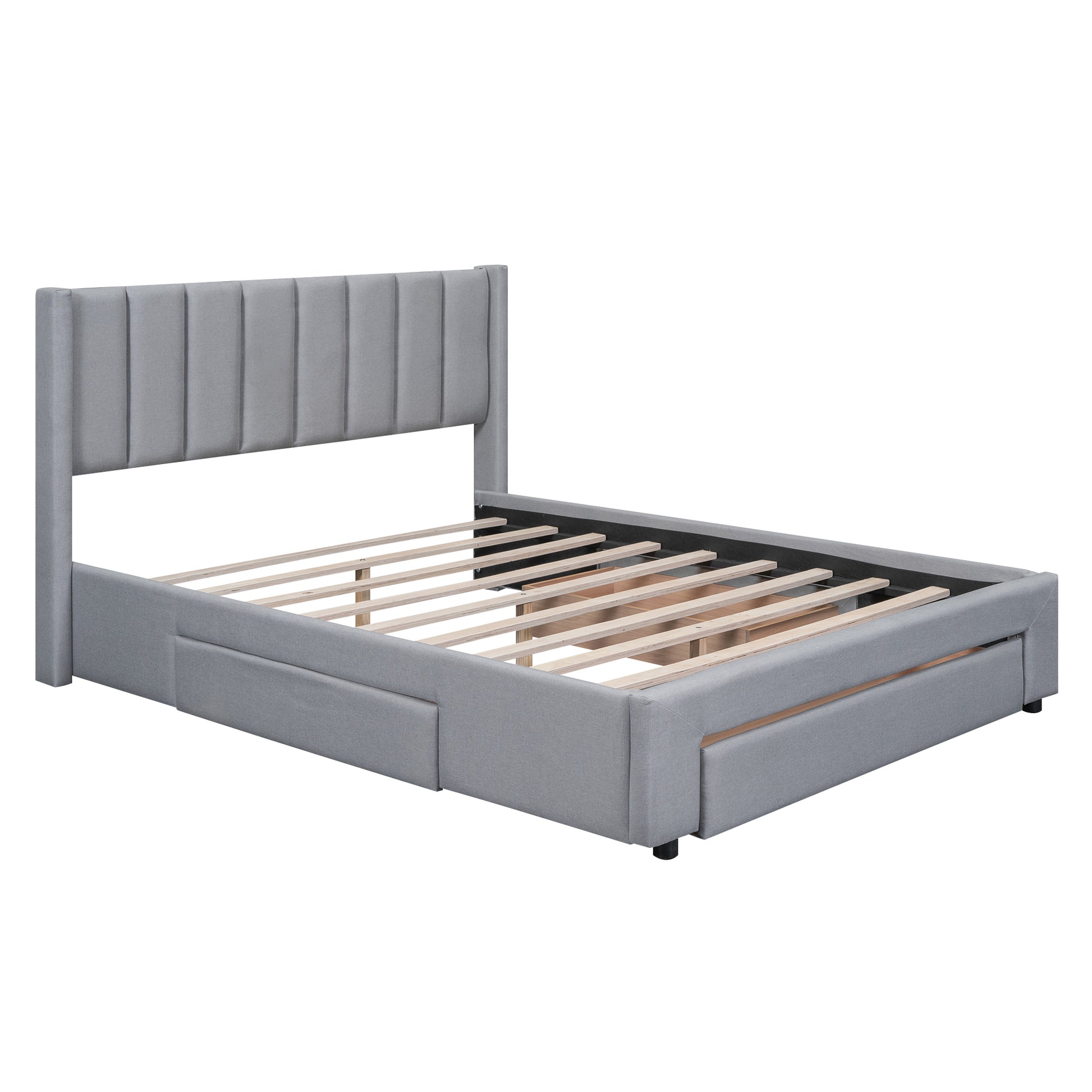 Queen Size Upholstered Platform Bed With One Large Drawer In The Footboard And Drawer On Each Side,Gray Box Spring Not Required Queen Gray Wood Bedroom Bed Frame Linen Upholstered