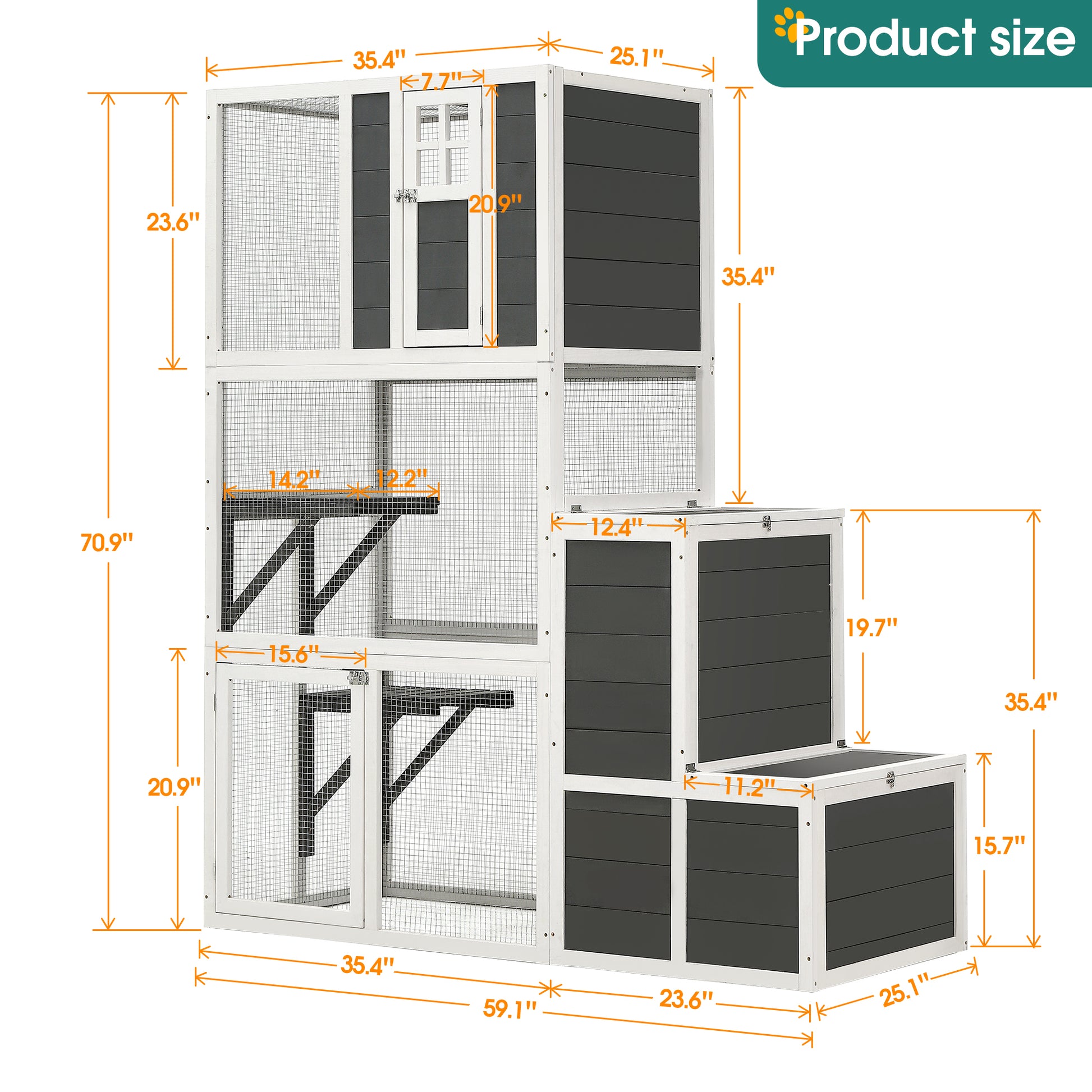 3 Tier Wooden Outdoor & Indoor Cat House Suitable For 1 3 Cats Cat Enclosure Resting Box With 4 Platforms And 2 Doors Cat Shelter Kitty House With A Jump Box For And Resting Cat Cage 71"H Gray Gray Wood