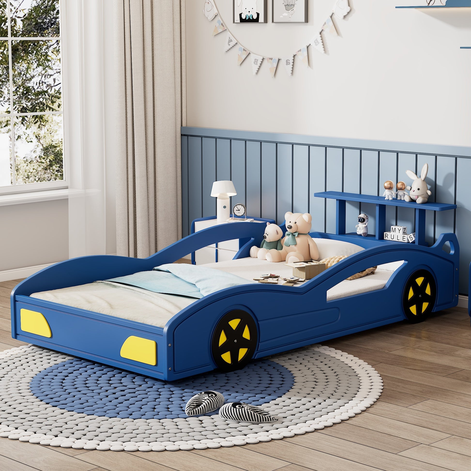 Wooden Race Car Bed,Car Shaped Platform Twin Bed With Wheels For Teens,Blue & Yellow Blue Mdf