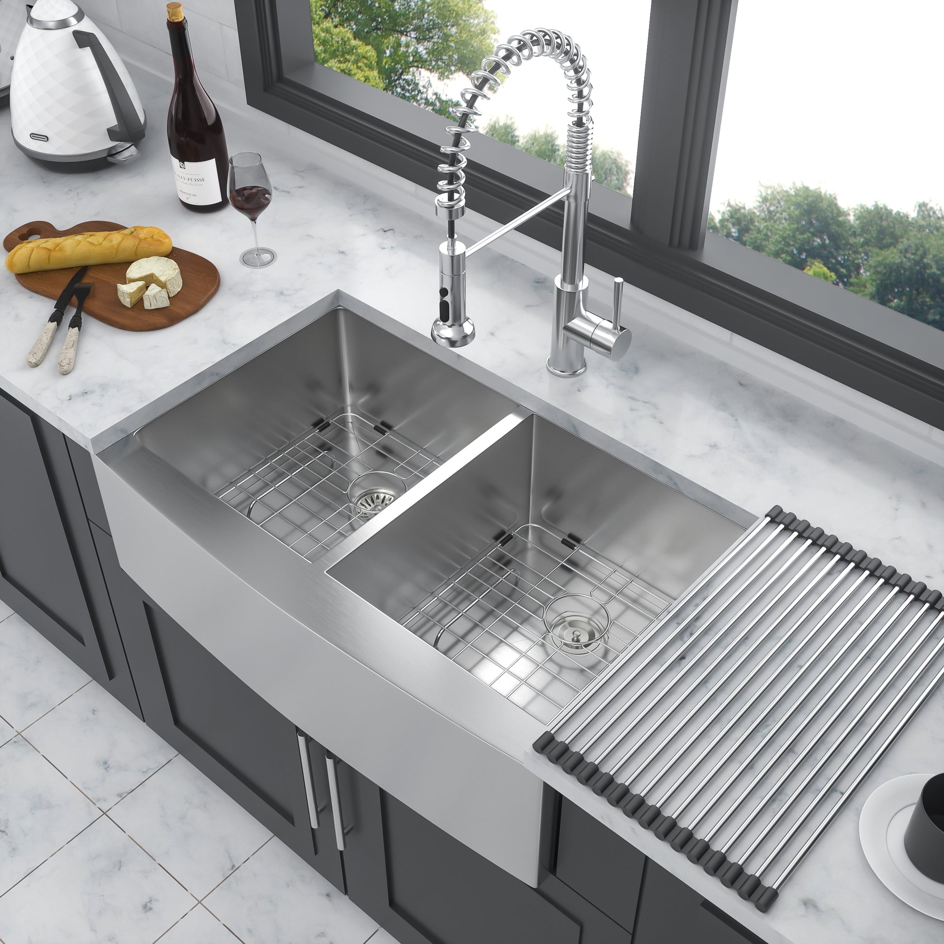 Double Bowl 50 50 Farmhouse Sink 36"X21"X10" Stainless Steel Apron Front Kitchen Sink 16 Gauge With Two 10" Deep Basin Brushed Nickel Stainless Steel