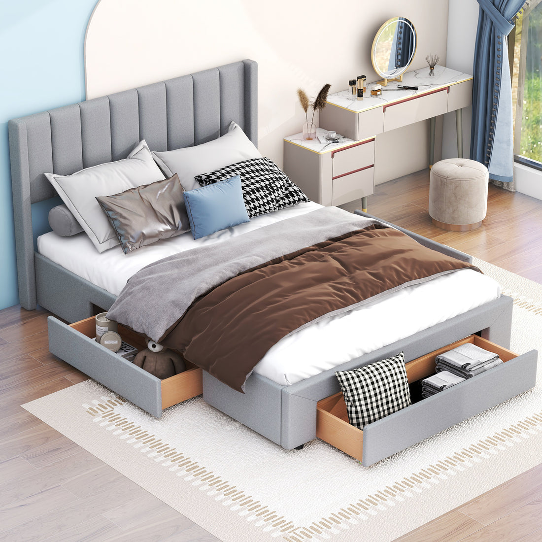 Queen Size Upholstered Platform Bed With One Large Drawer In The Footboard And Drawer On Each Side,Gray Box Spring Not Required Queen Gray Wood Bedroom Bed Frame Linen Upholstered