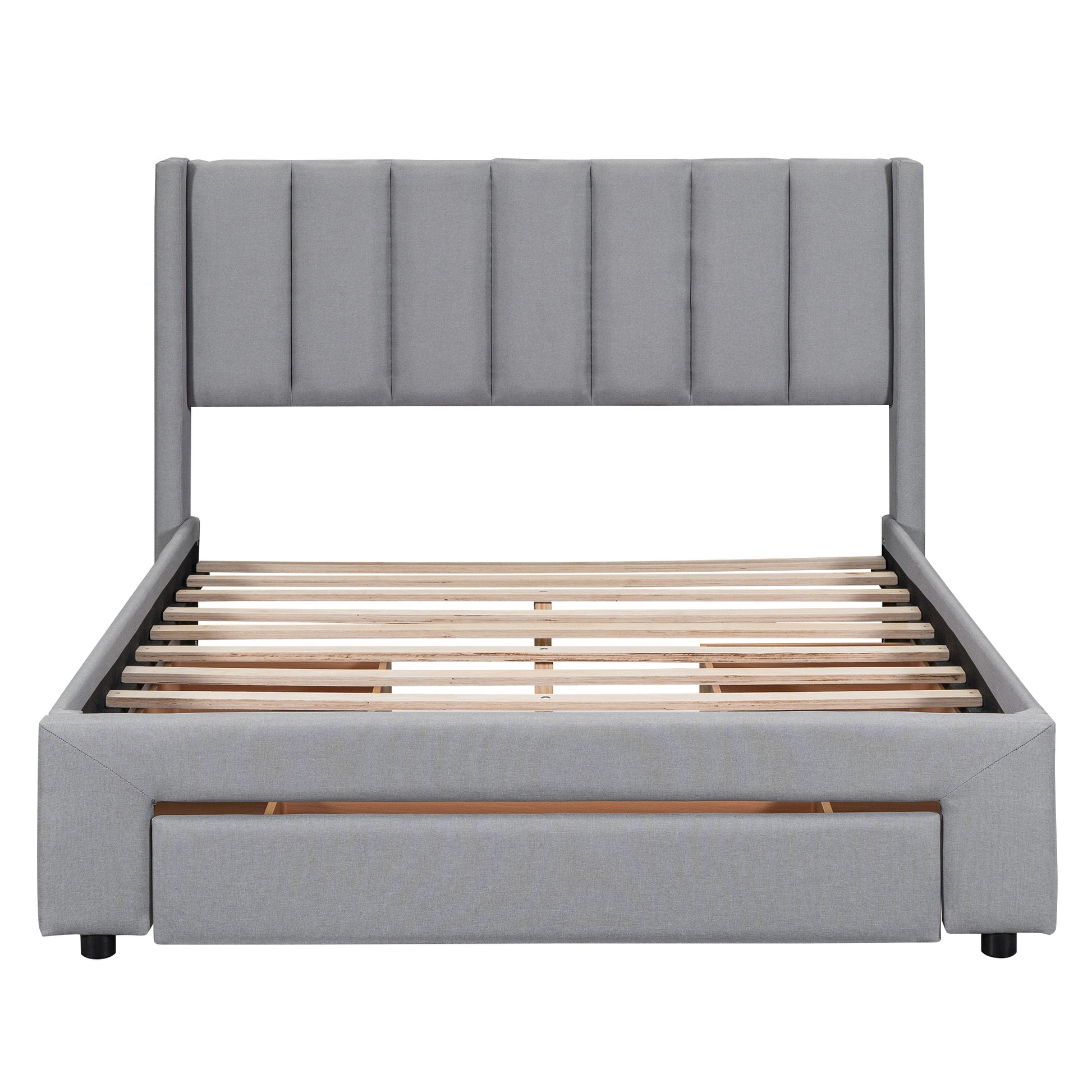 Full Size Upholstered Platform Bed With One Large Drawer In The Footboard And Drawer On Each Side,Gray Box Spring Not Required Full Gray Wood Bedroom Bed Frame Linen Upholstered