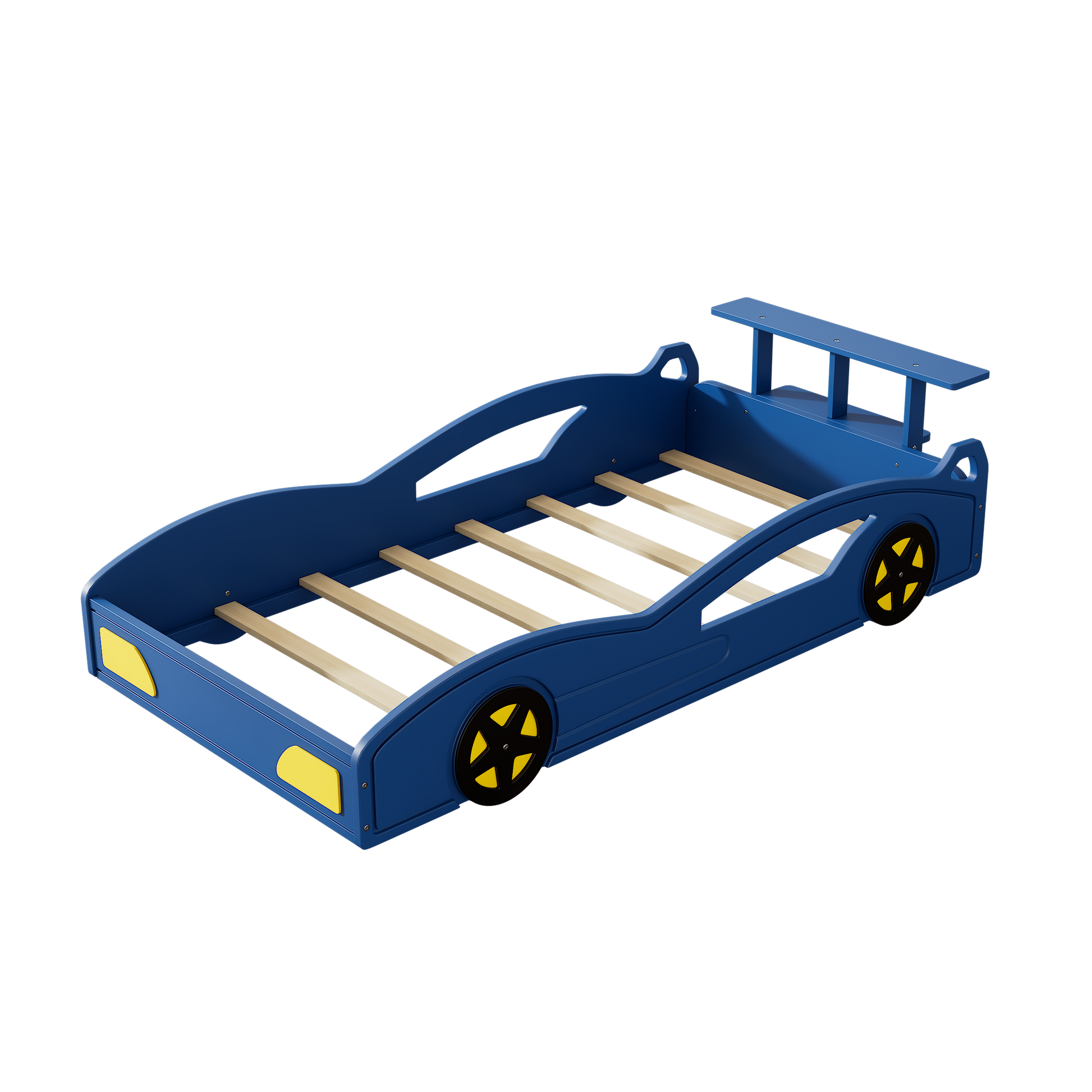 Wooden Race Car Bed,Car Shaped Platform Twin Bed With Wheels For Teens,Blue & Yellow Blue Mdf