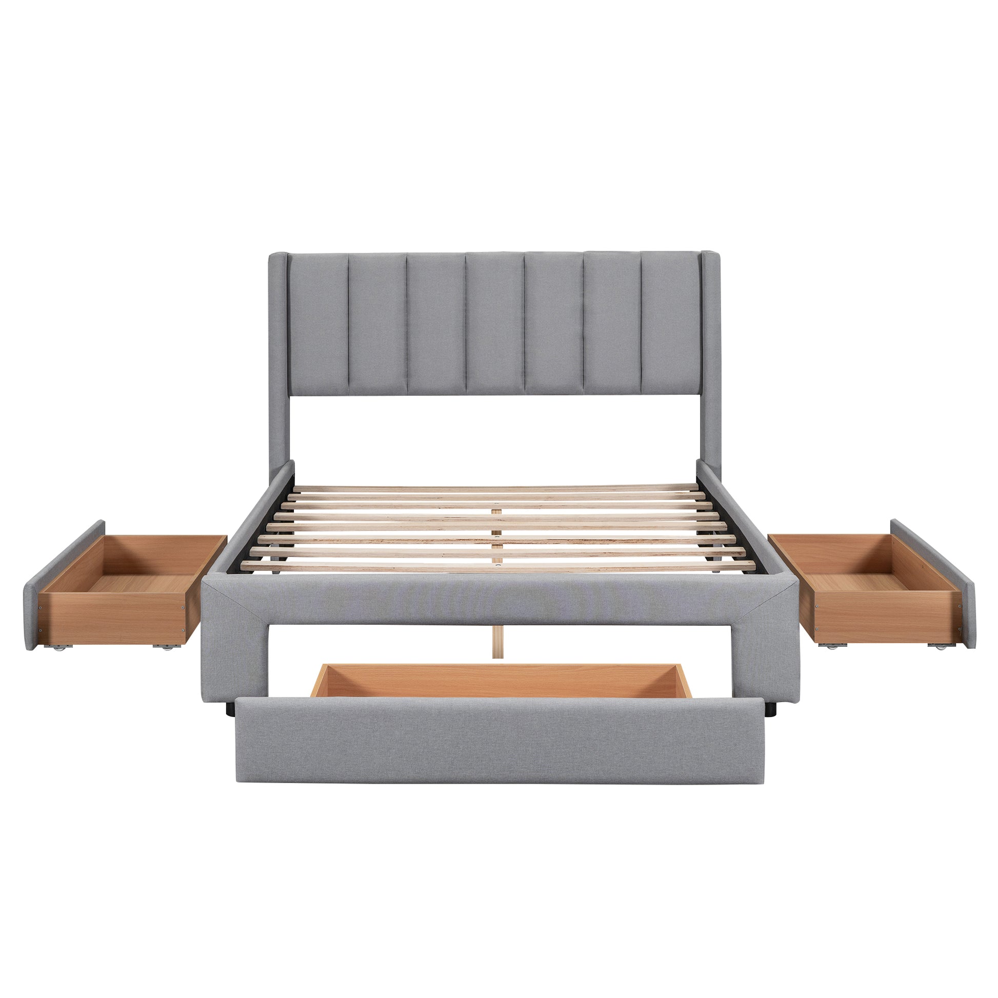 Full Size Upholstered Platform Bed With One Large Drawer In The Footboard And Drawer On Each Side,Gray Box Spring Not Required Full Gray Wood Bedroom Bed Frame Linen Upholstered