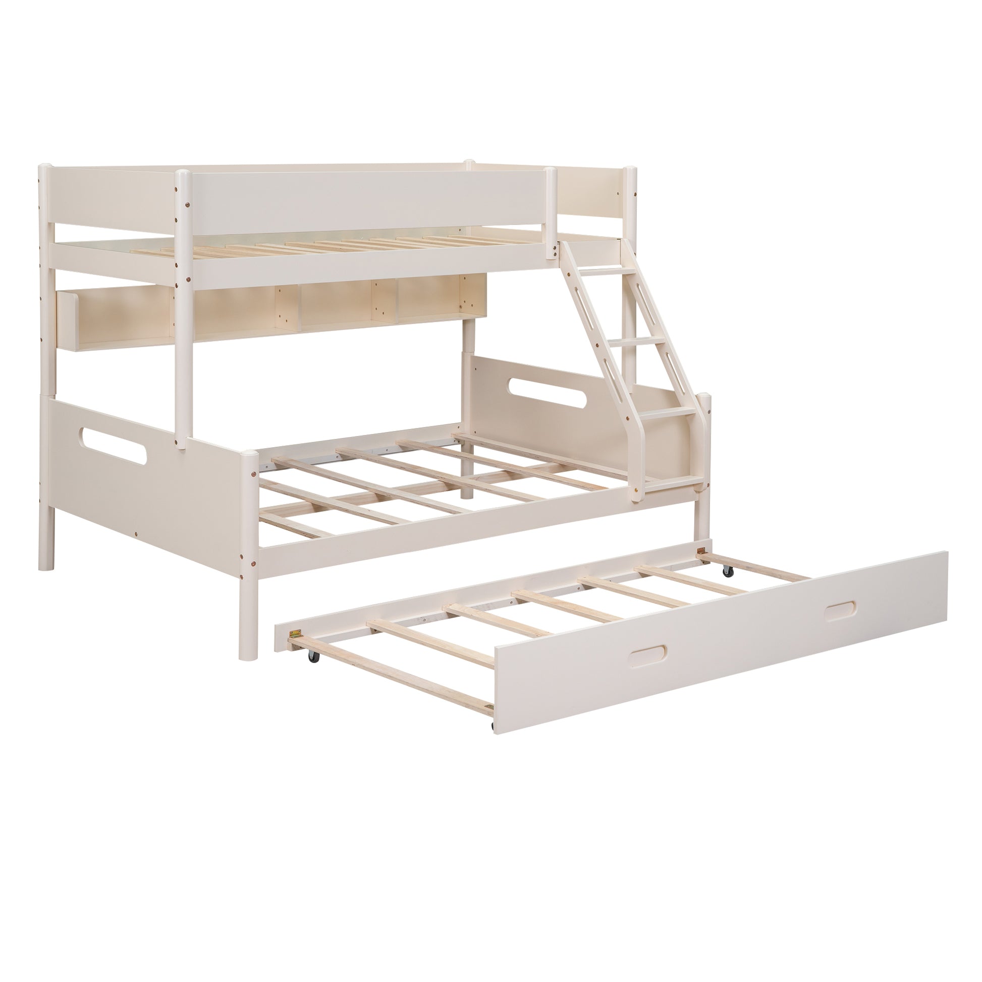 Wood Twin Over Full Bunk Bed With Storage Shelves And Twin Size Trundle, Cream Box Spring Not Required Cream Wood Bedroom Bunk Solid Wood Mdf