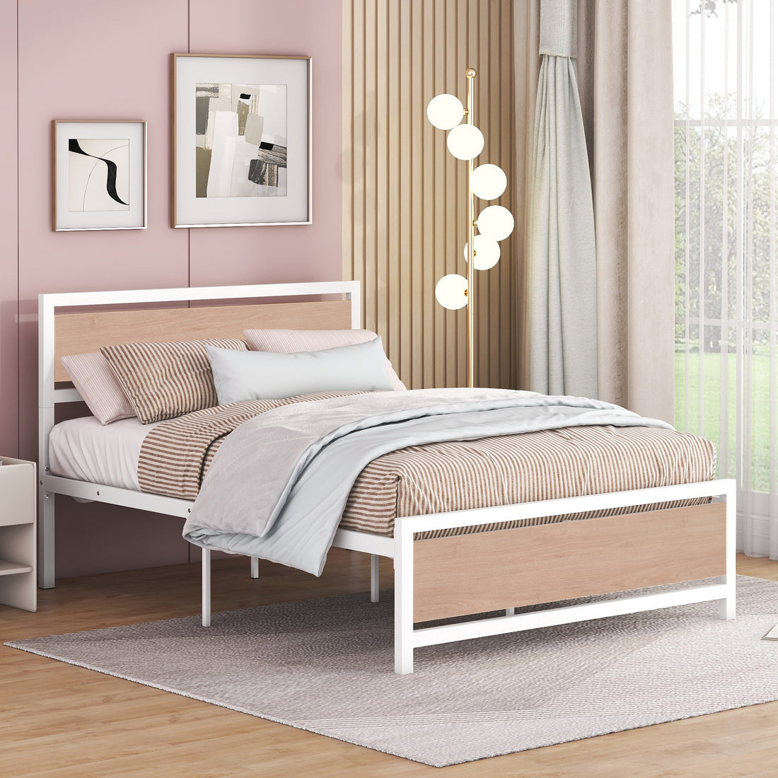 Full Size Platform Bed, Metal And Wood Bed Frame With Headboard And Footboardwhite White Metal & Wood