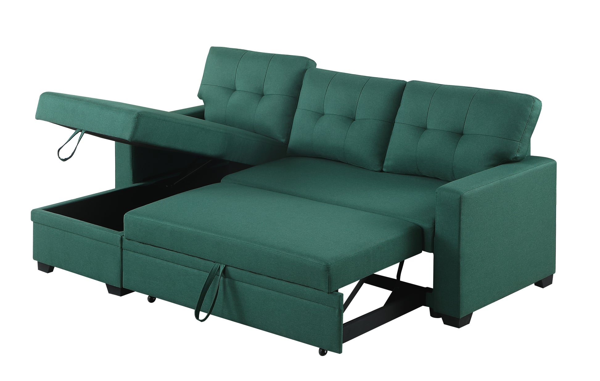 Upholstered Pull Out Sectional Sofa With Chaise Green Foam Linen